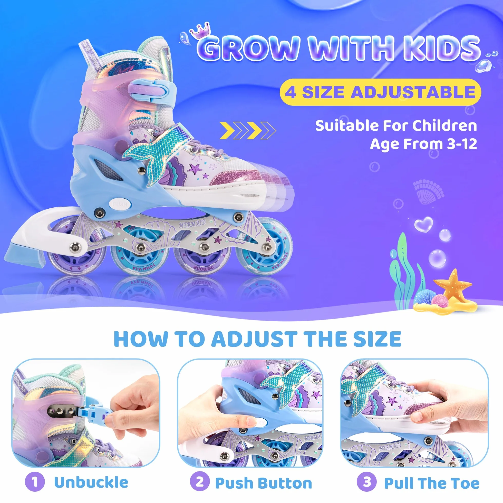NEMONE Rollers en Ligne Filles Réglable 4 Roues pour Enfants Débutants Cadeau Noël Anniversaire