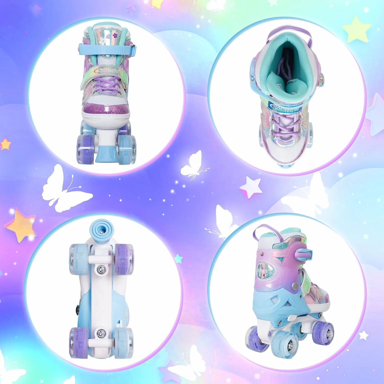 Patins à roulettes réglables filles garçons 4 tailles motif papillon fleur roues lumineuses