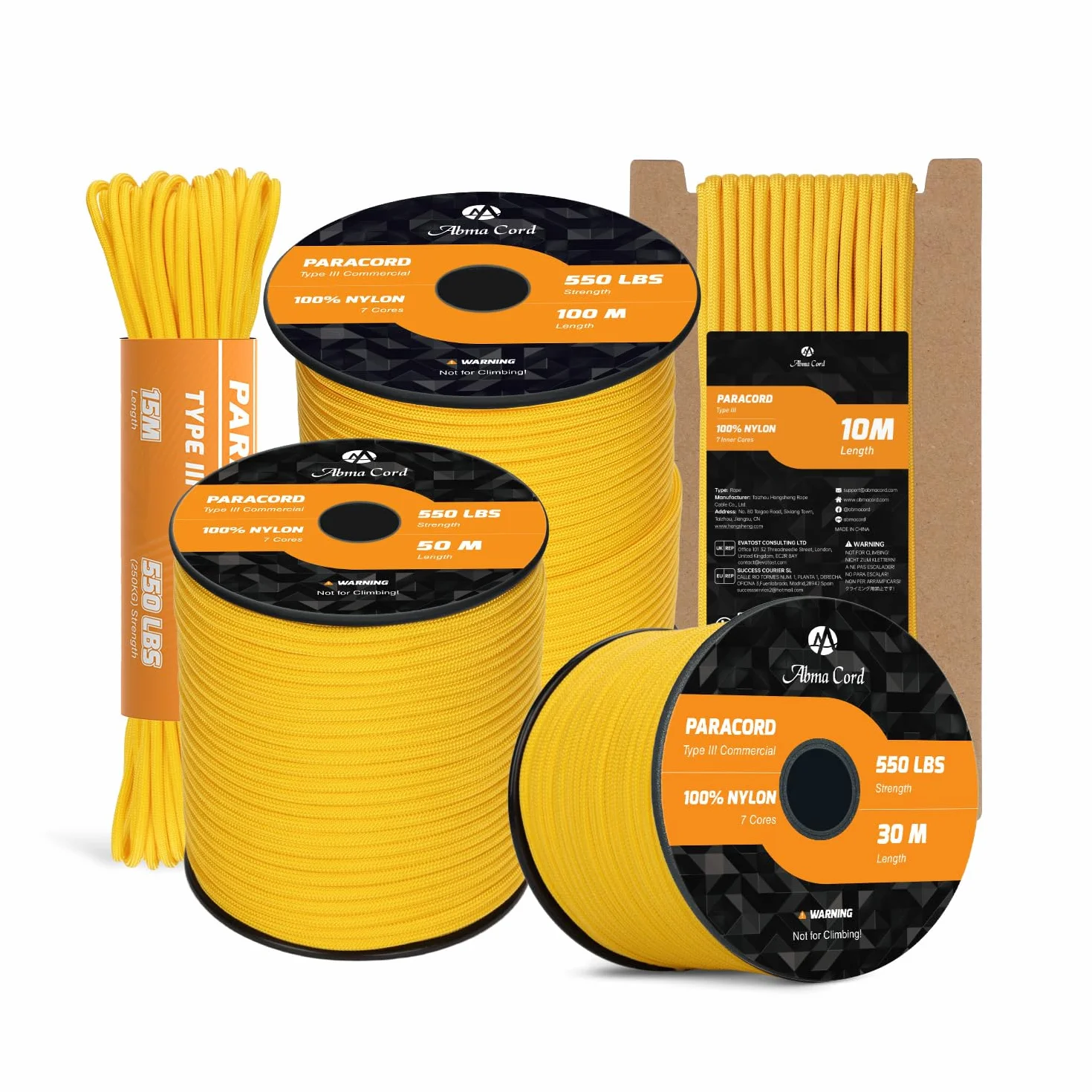 Abma Cord 550 Paracorde 4mm 15m Type III 100% Nylon 7 Brins Jaune Doré
