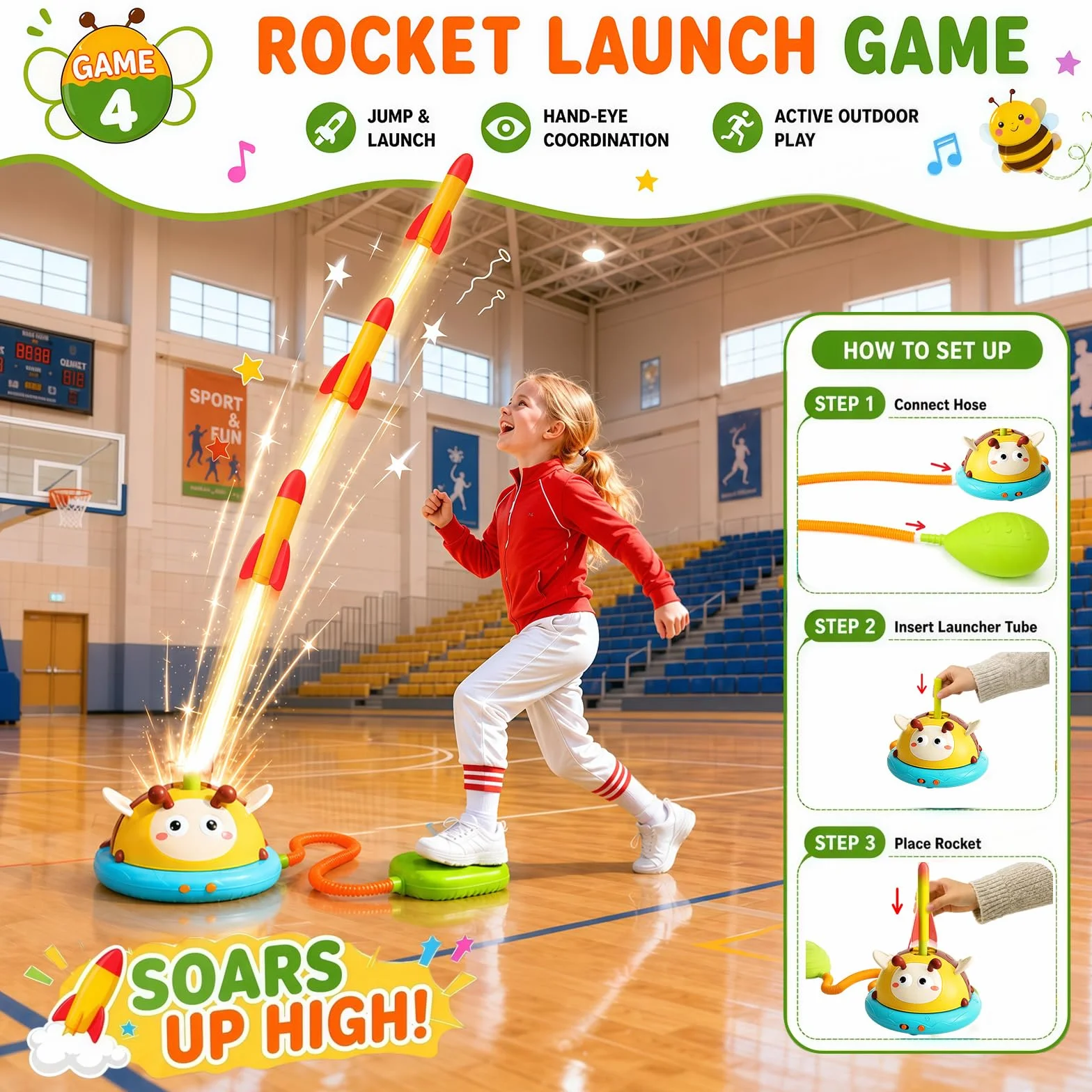 4 en 1 Jeux Extérieur Enfant Fusée, Corde à Sauter, Lancer d'Anneaux, Base-Ball, Jouet Extérieur avec Télécommande Cadeaux Garçons Filles 3-10 Ans