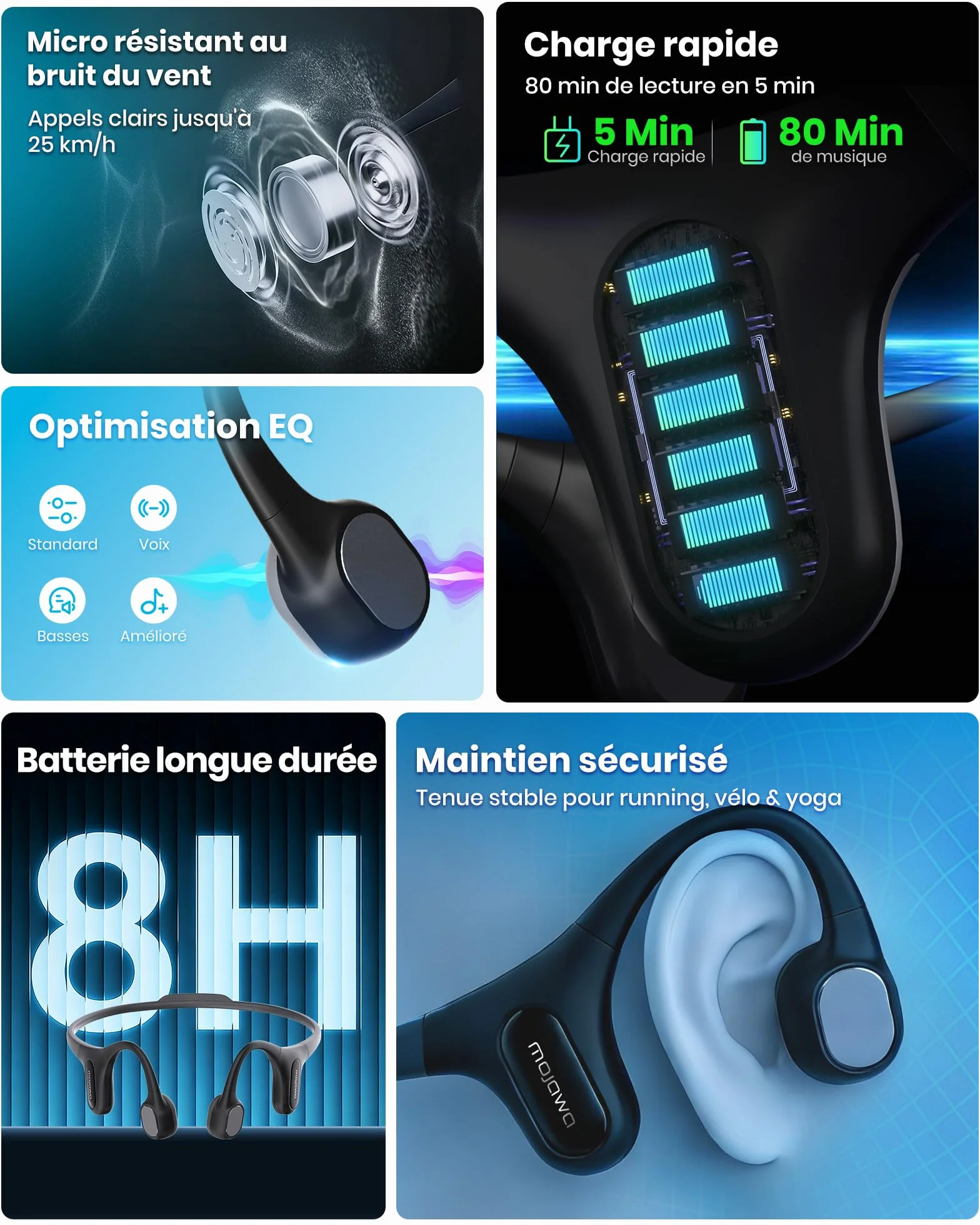 Mojawa Run Plus Casque à Conduction Osseuse Natation IP68 Écouteurs MP3 32 Go Bluetooth 5.2 Gris