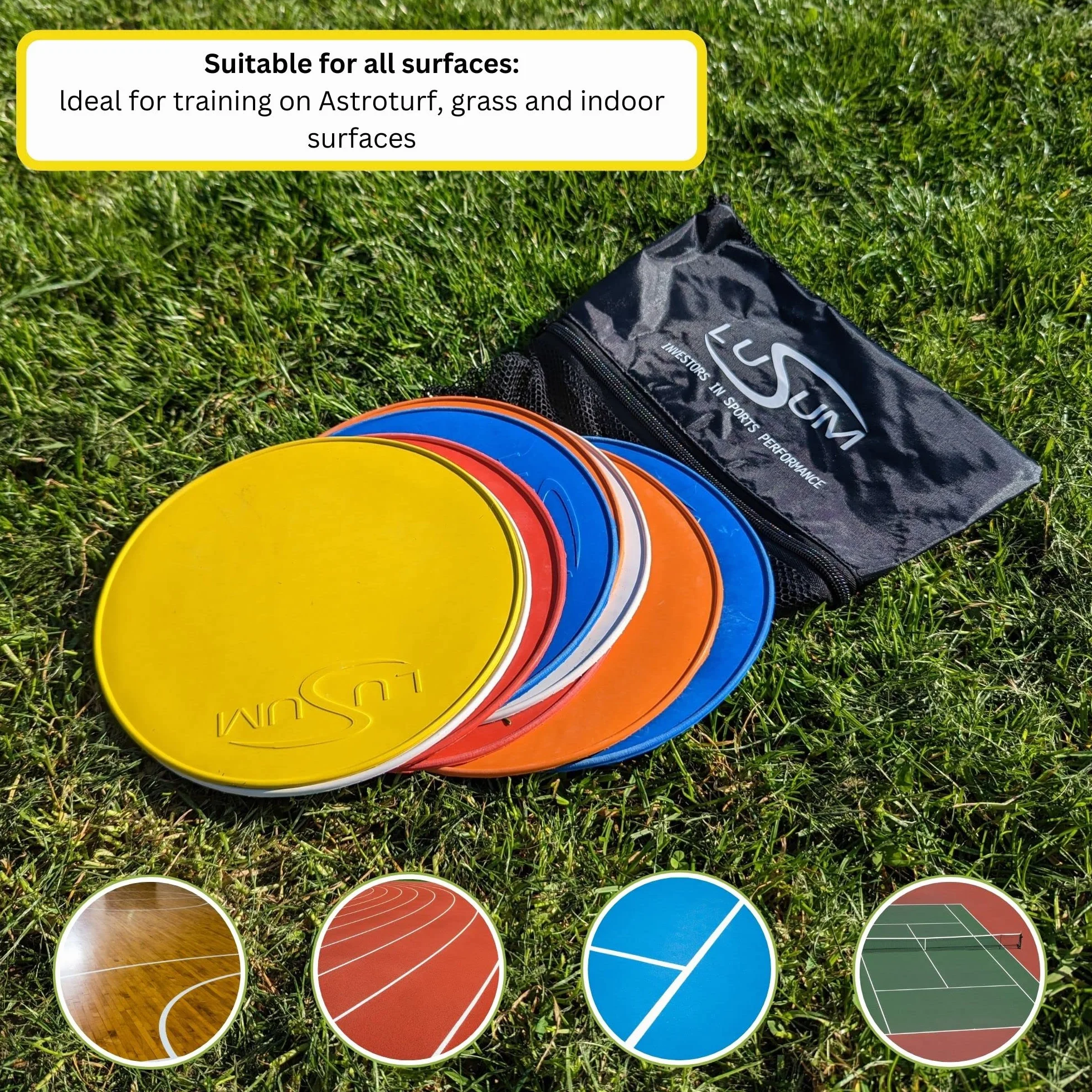 Lusum Lot de 20 disques de marquage en caoutchouc antidérapant taille réelle pour sports - Cônes plats entraînement football avec sac