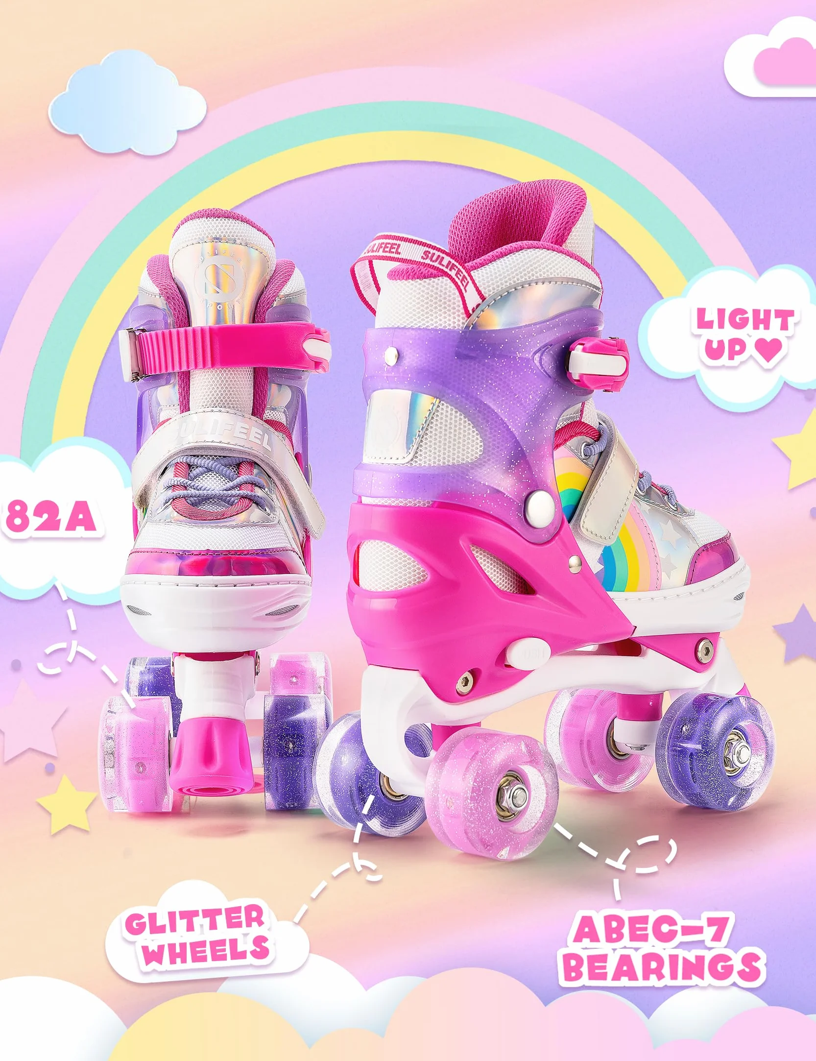 SULIFEEL Rainbow Unicorn Roller Skates Patins à roulettes Réglable Roues LED, Rollers Quad Enfants Femmes