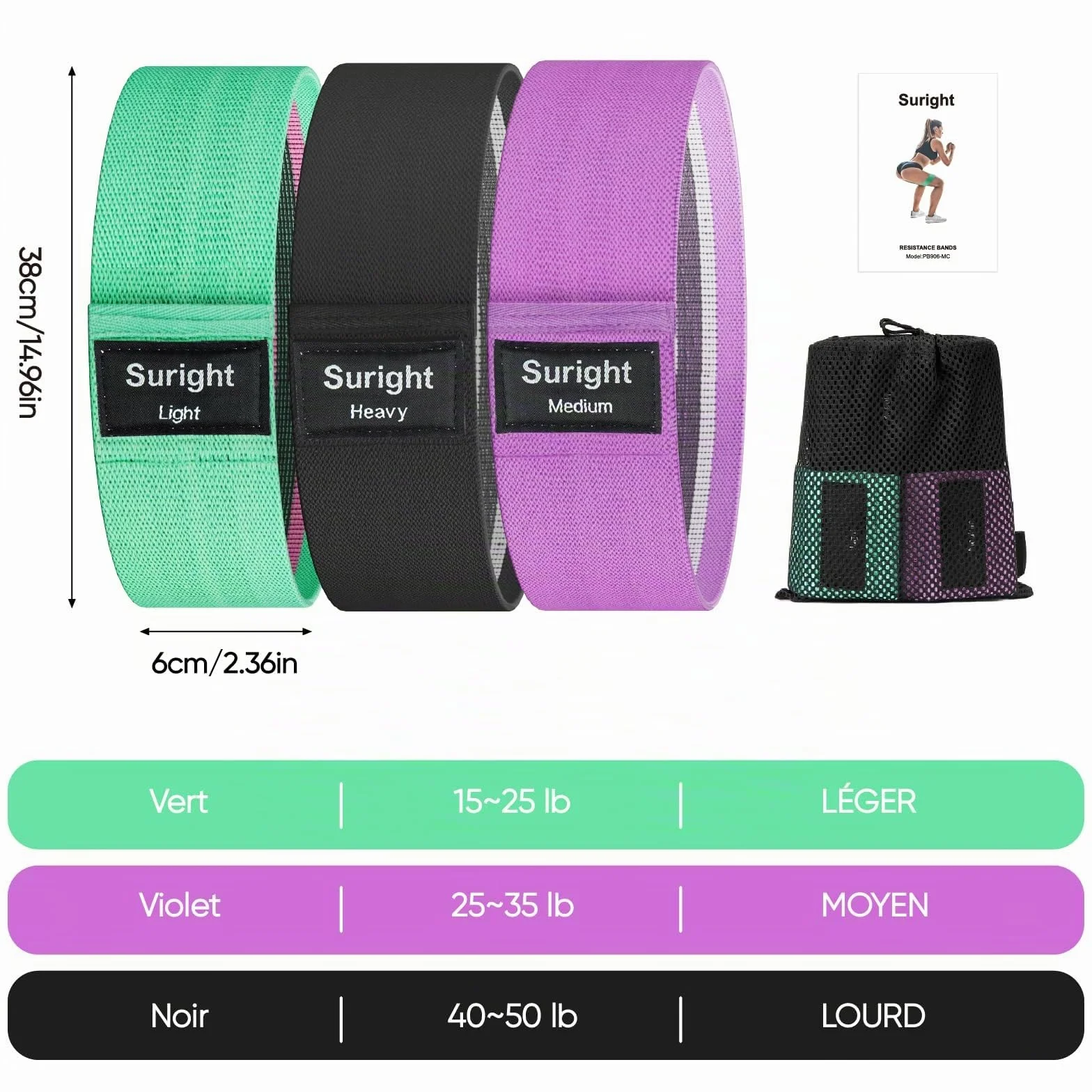 Suright Bande Élastique Musculation en Tissu, 3 Niveaux de Force, Élastique Sport Yoga Pilates Fitness