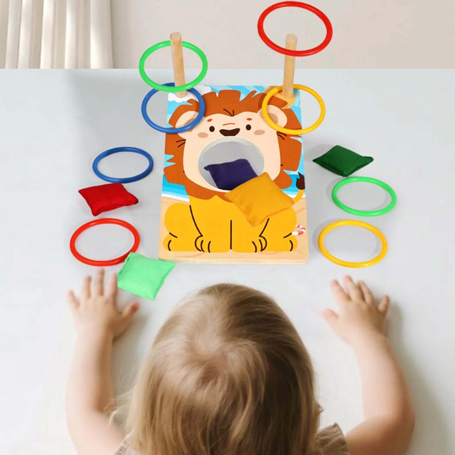 Jeu 2 en 1 Cornhole et Lancer d'anneaux en Bois pour Enfants dès 3 Ans, Jouet Montessori