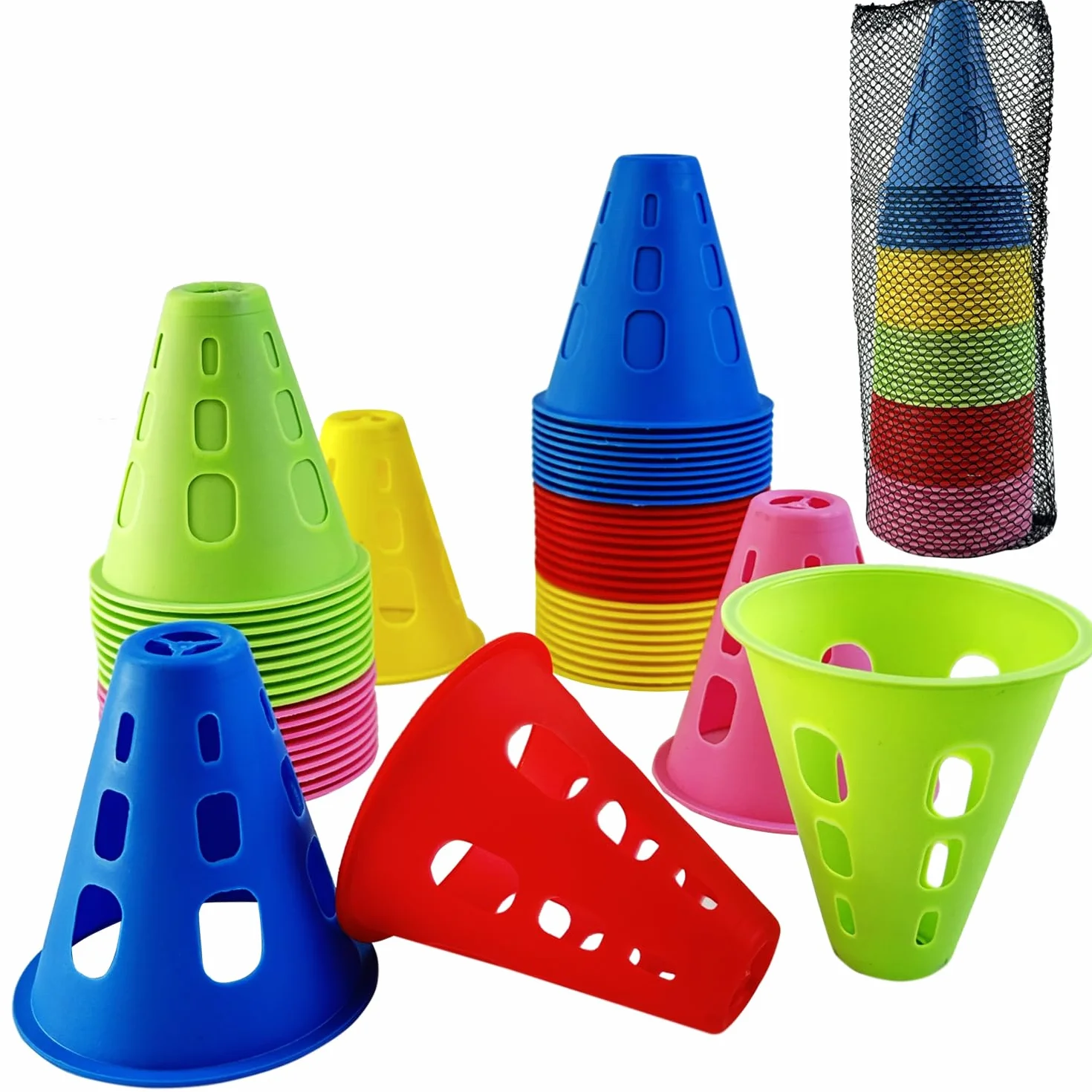 Cônes de Slalom 50 Pièces Entraînement Coloré Patinage Multicolore Pile Obstacle pour Sport Roller Football Vélo
