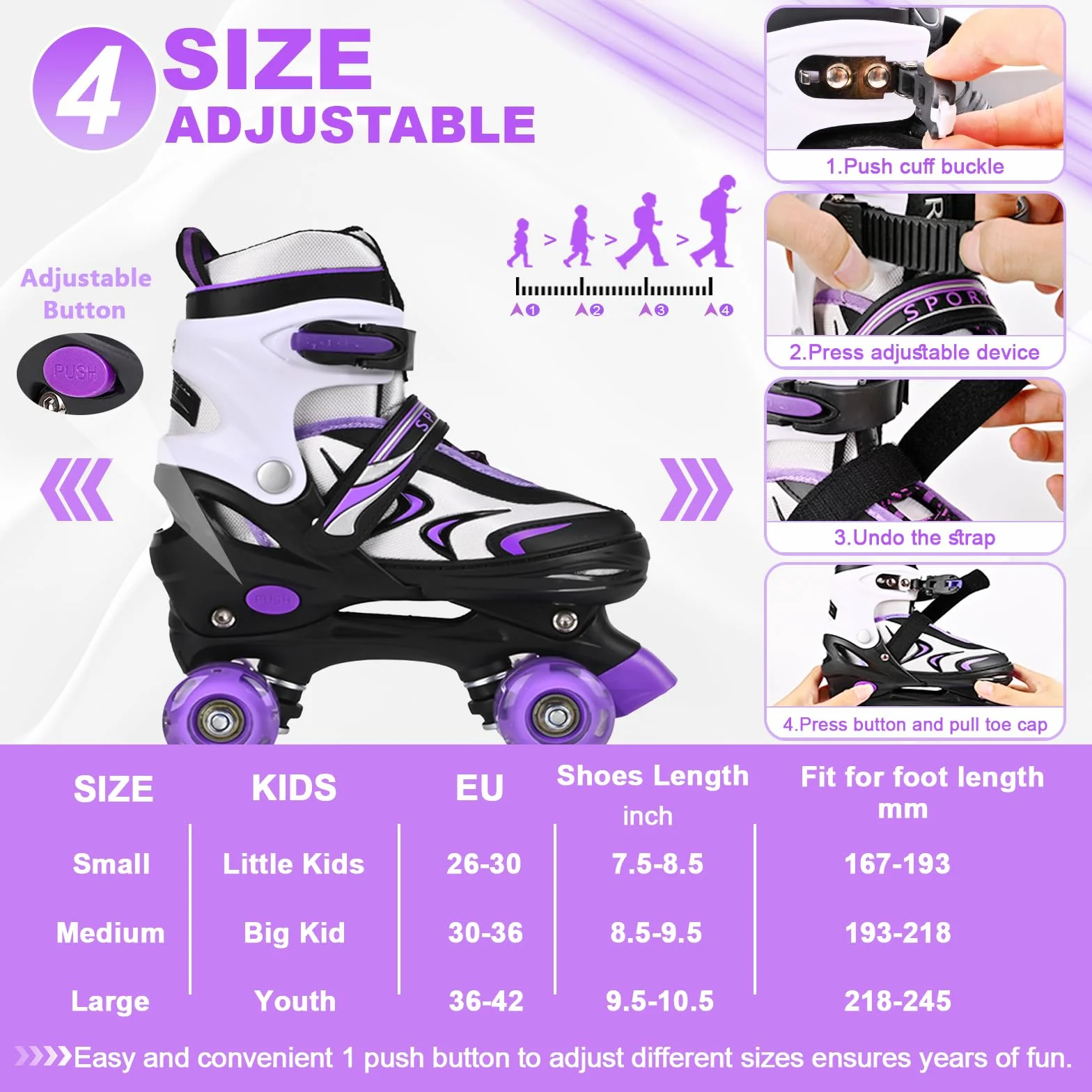 Patins à roulettes ajustables pour enfants débutants, 4 tailles