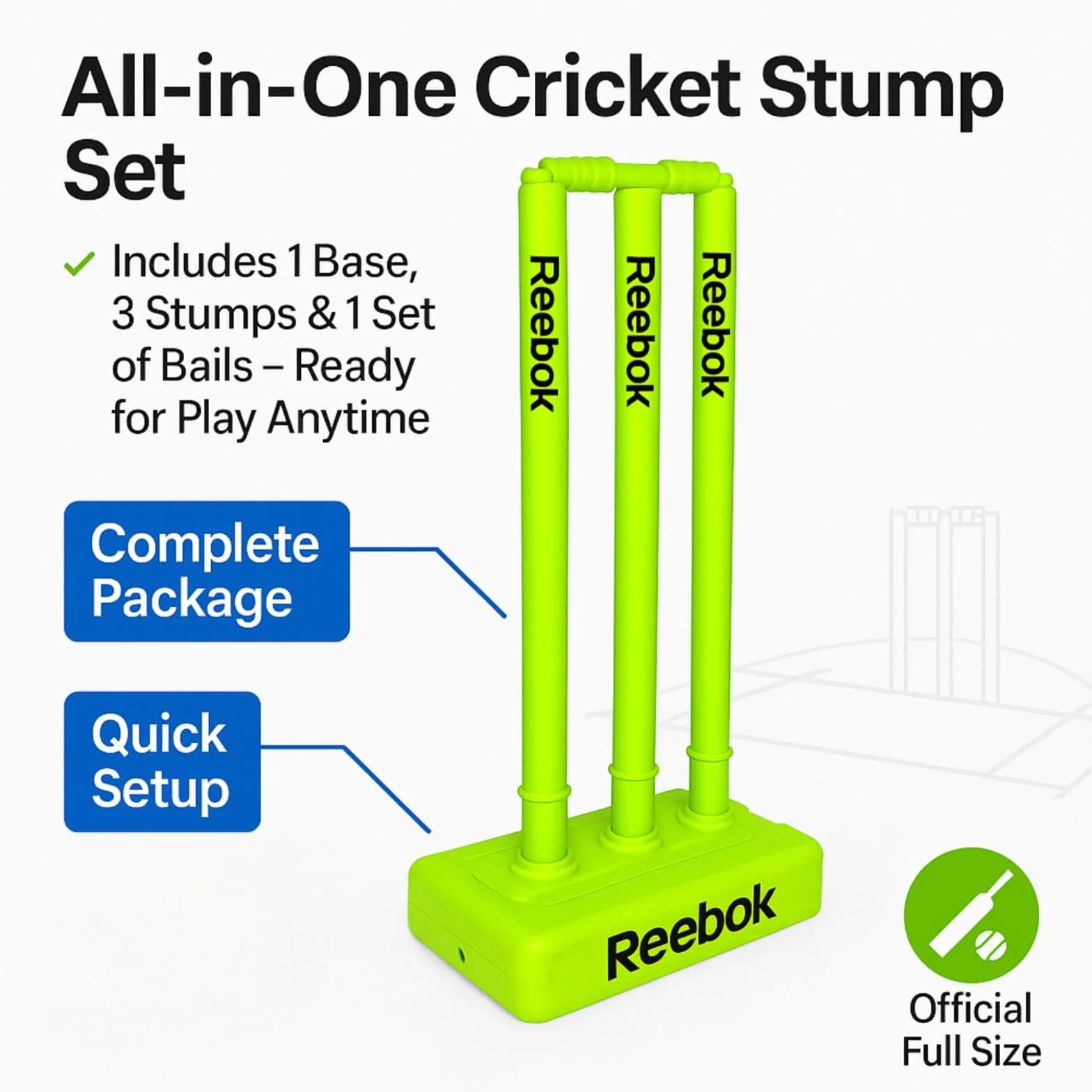 Reebok Ensemble de souches de cricket avec bélières Base lourde souches en plastique durable pour la pratique