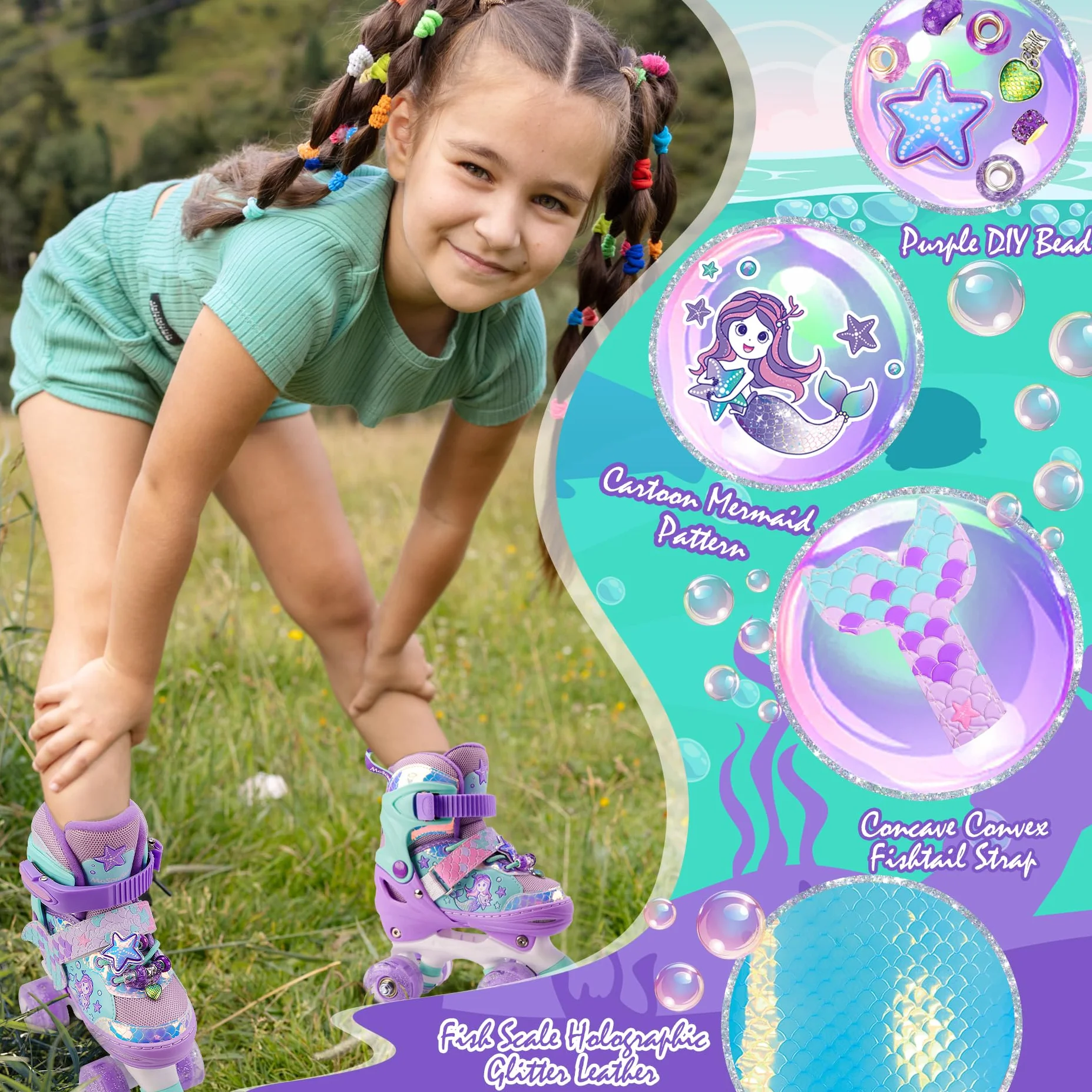 Sirène Patins à roulettes Enfant Roller Fille 4 Roues Ajustable Roues Allumées Débutants Cadeau