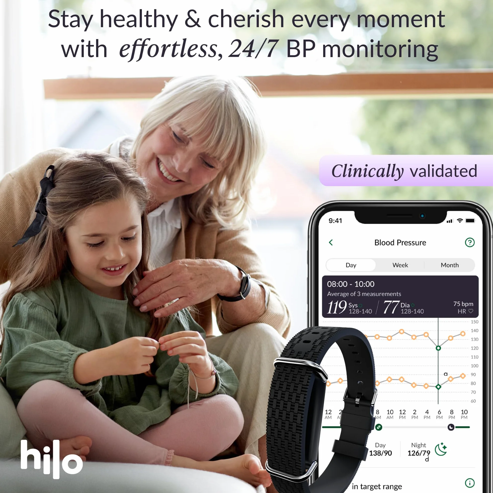 Hilo Bracelet Tensiomètre Connecté 24h/24 Dispositif Médical Cliniquement Validé sans Brassard IP68 Batterie 15 Jours