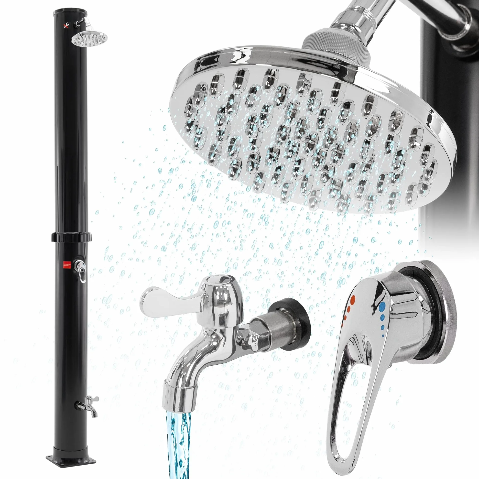 Douche de Jardin Solaire 35 L 217 cm ML-Design Noir avec Pomme de Douche à Effet Pluie Pivotante 180°