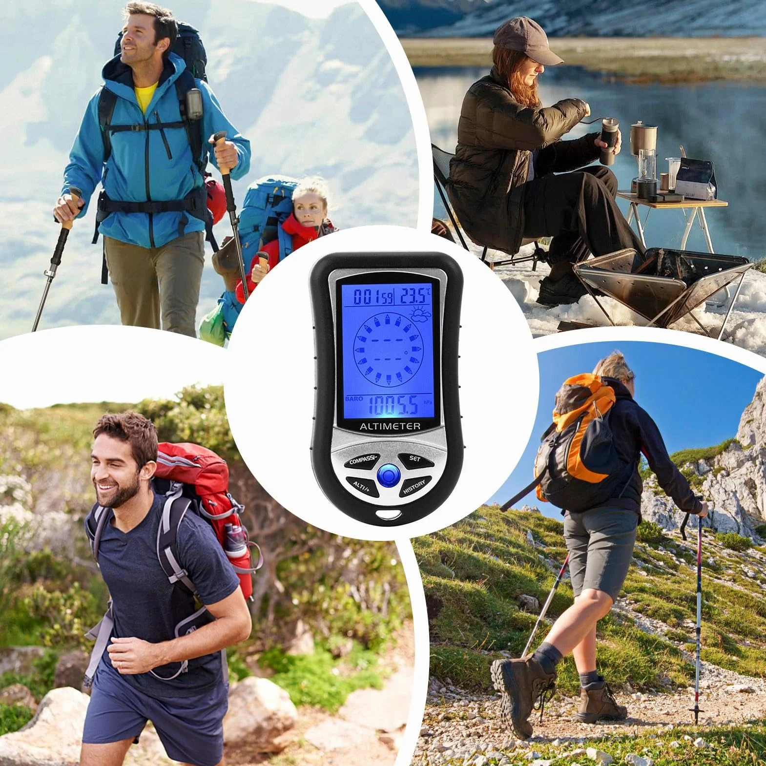 Boussole altimètre numérique électronique portable avec baromètre, jauge de température, rétroéclairage, prévisions météo, horloge pour randonnée