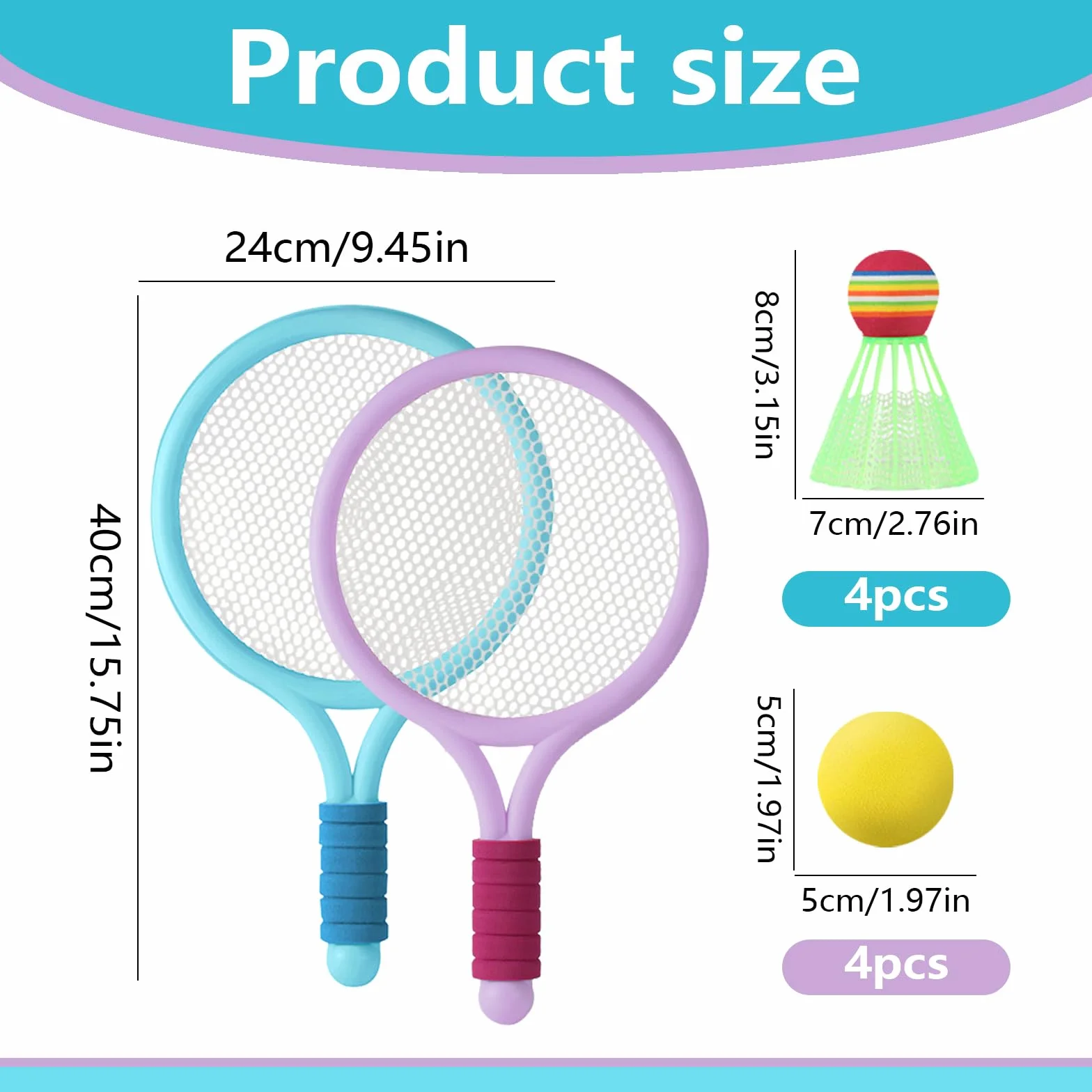 Raquette de Tennis pour Enfants avec 4 Balles et 4 Volants, Tennis Souple