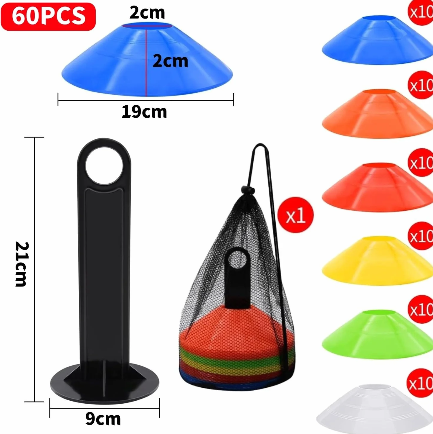 LATERN 60 Pièces Cônes de Marquage Football 19CM avec Sac de Transport et Support pour Basketball Soccer Entraînement (6 Couleurs)