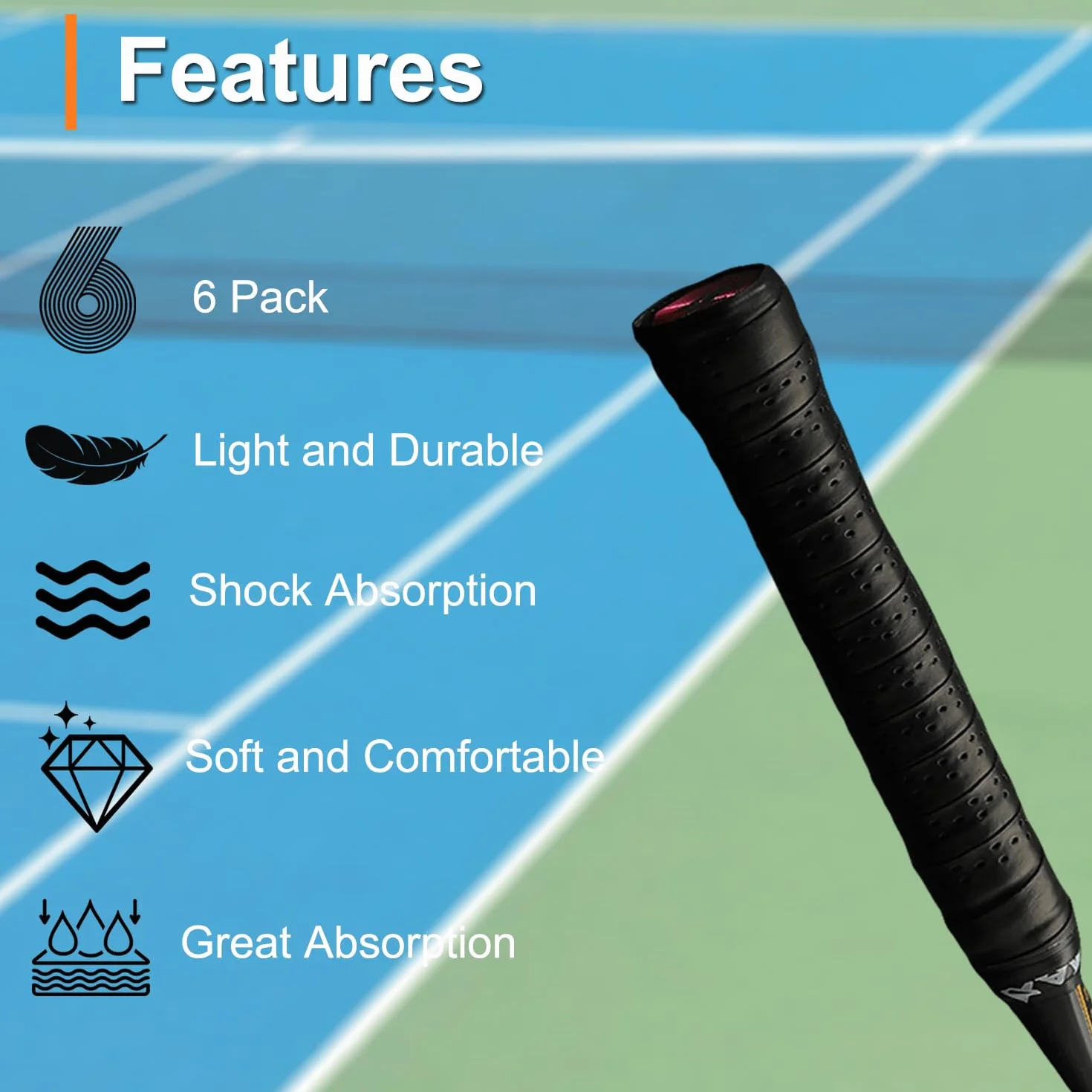 Ruban de Raquette Grip 6 Pièces Antidérapant pour Tennis Badminton Squash