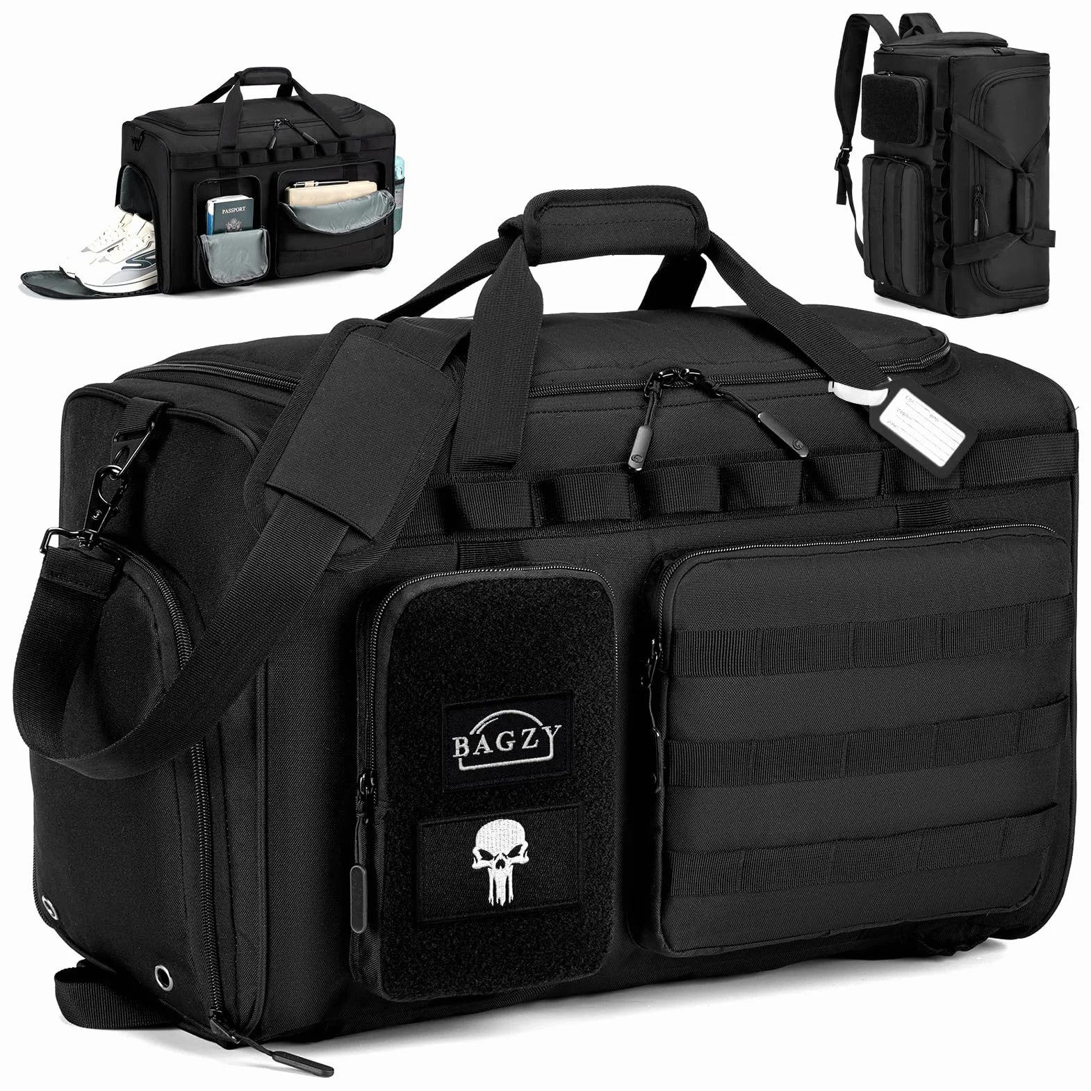 BAGZY Sac de Sport Homme 50L Voyage Tactique Militaire Imperméable 55x35x25cm Compartiment Chaussures Noir