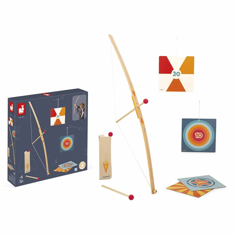 Janod Set Tir à l'arc en Bois Arc 3 Flèches Carquois 4 Cibles Jeu Plein Air Sport Dès 5 Ans