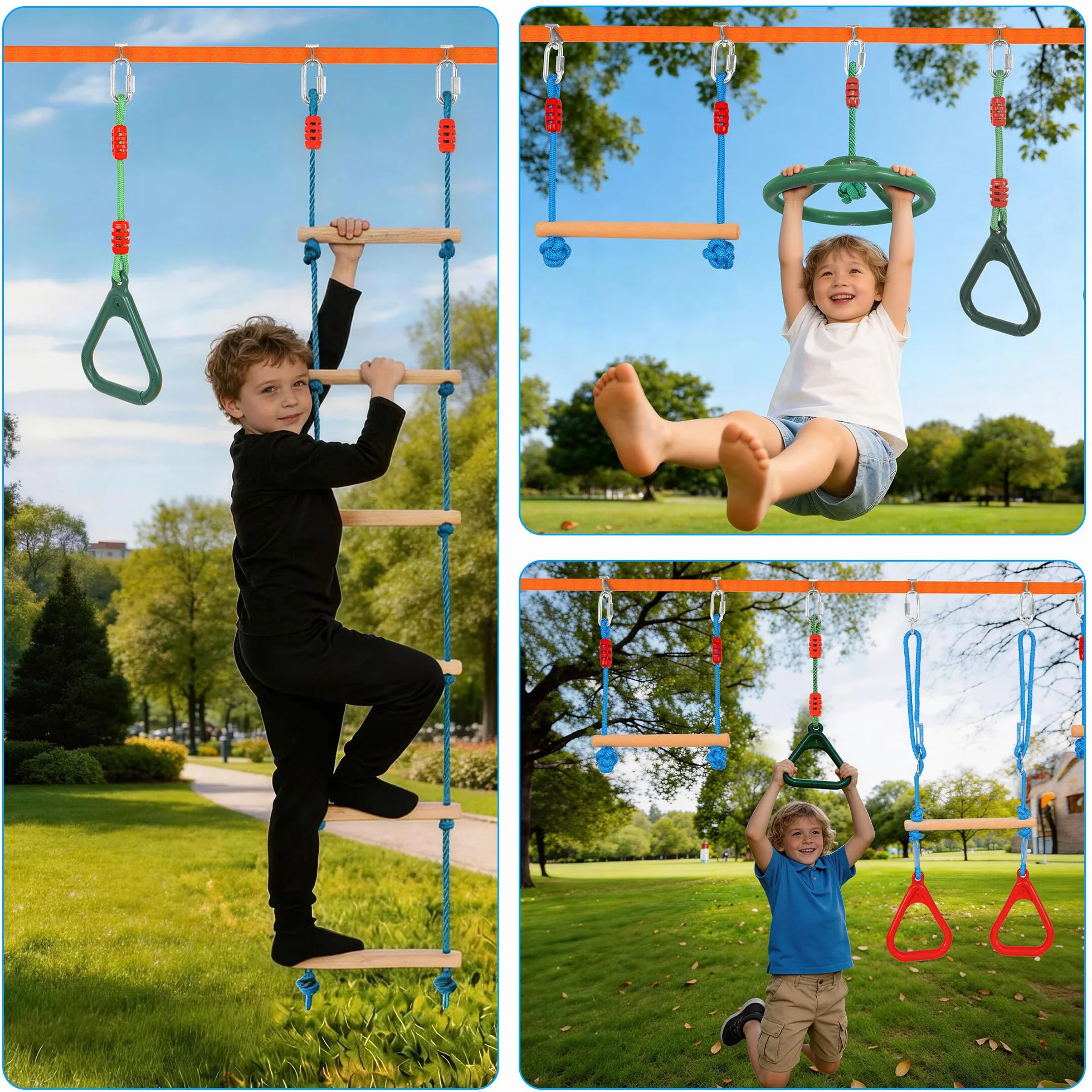 Slackline Kit pour Enfants 15M Ninja Parcours d'obstacles avec Échelles et Accessoires