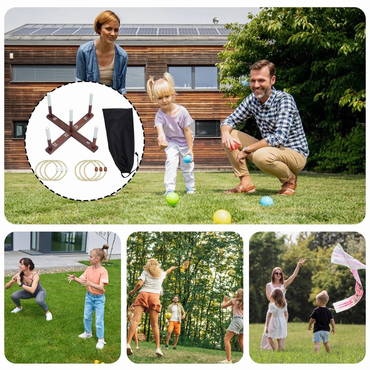 Jeu de Lancer d'anneaux en Bois avec Corde, 40,6 cm, Jeu de Jardin Quoits Portable avec Sac de Rangement