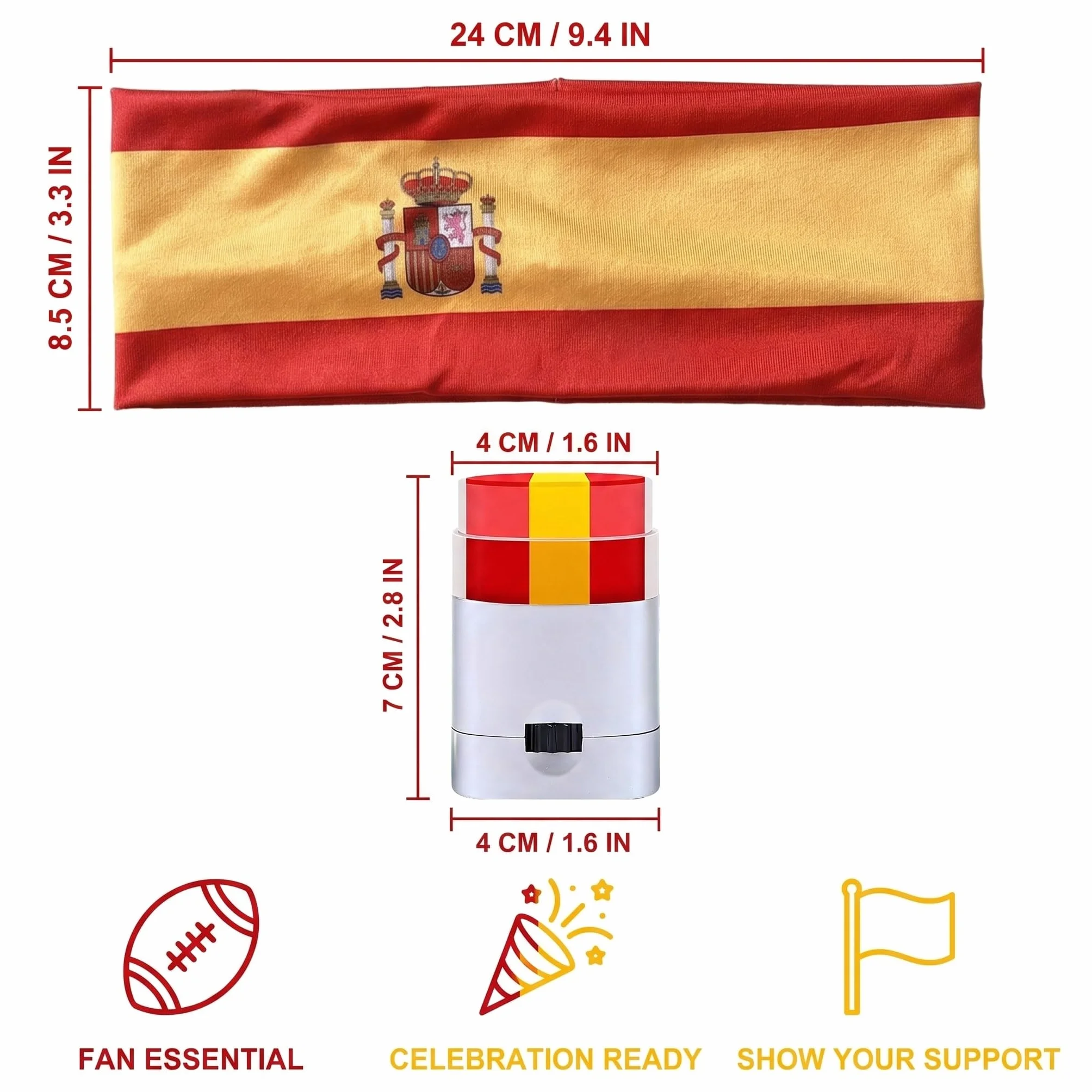 Lot de 2 Bandeau Élastique et Stick Maquillage Drapeau Espagnol Rouge Jaune Accessoire Supporteur Carnaval