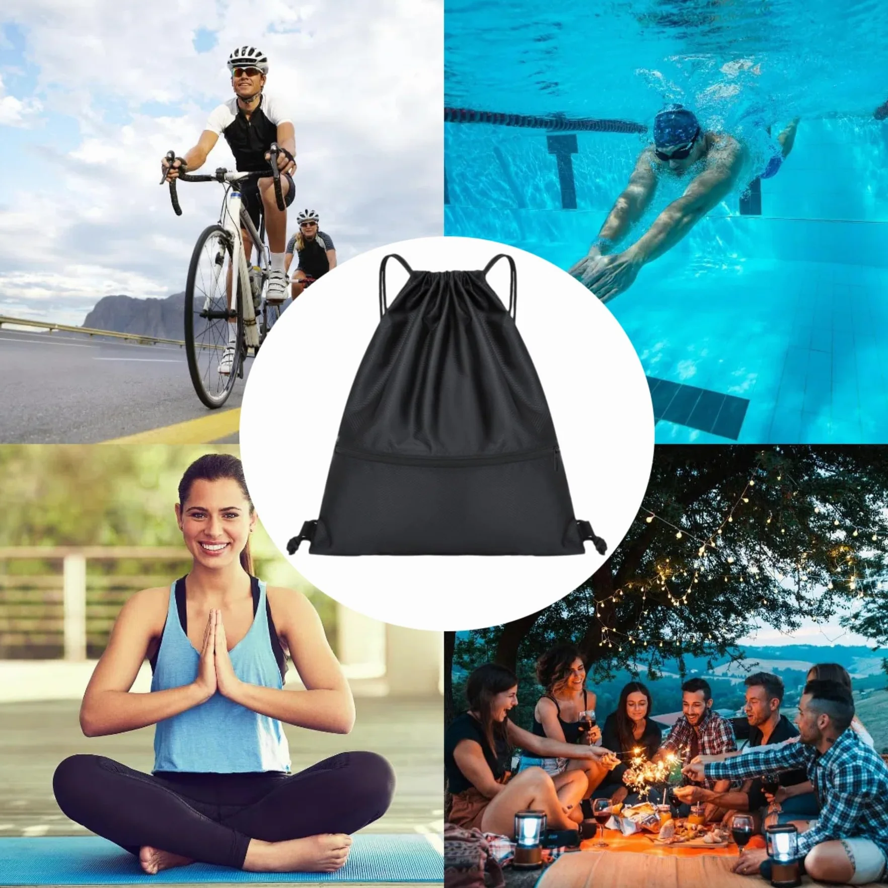 Sac à dos à cordon étanche en tissu Oxford Noir S