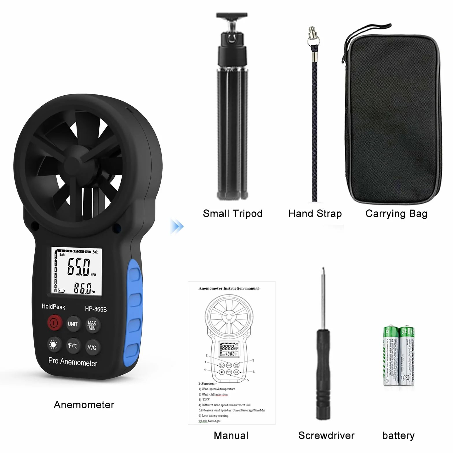 HOLDPEAK Anémomètre portable compteur de vitesse du vent avec rétroéclairage max/min/moyenne