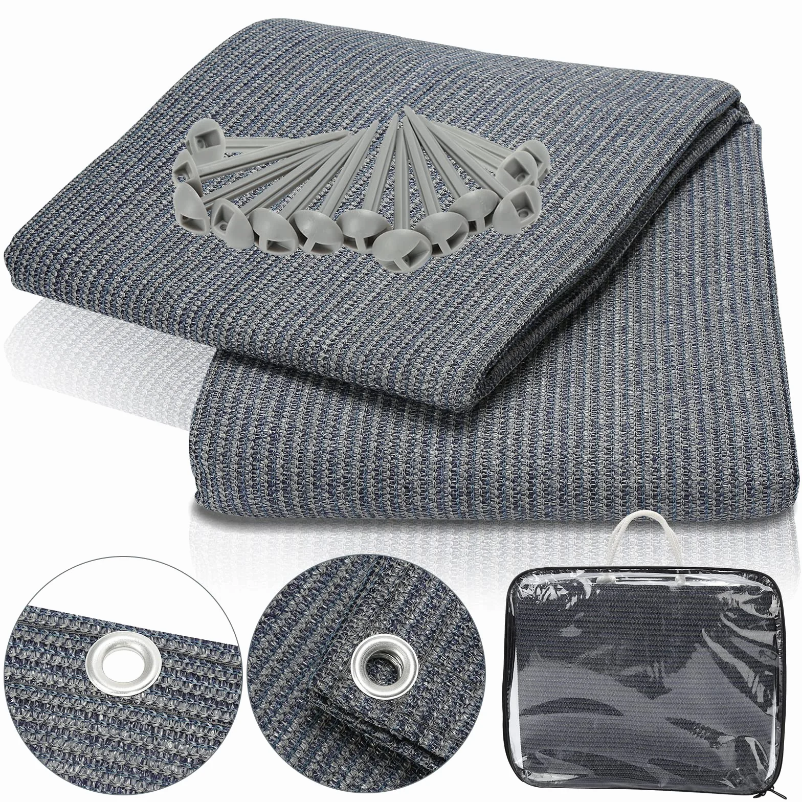 Sonnewelt Tapis de sol auvent polyéthylène haute densité 13 sardines sac transport lavable gris bleu