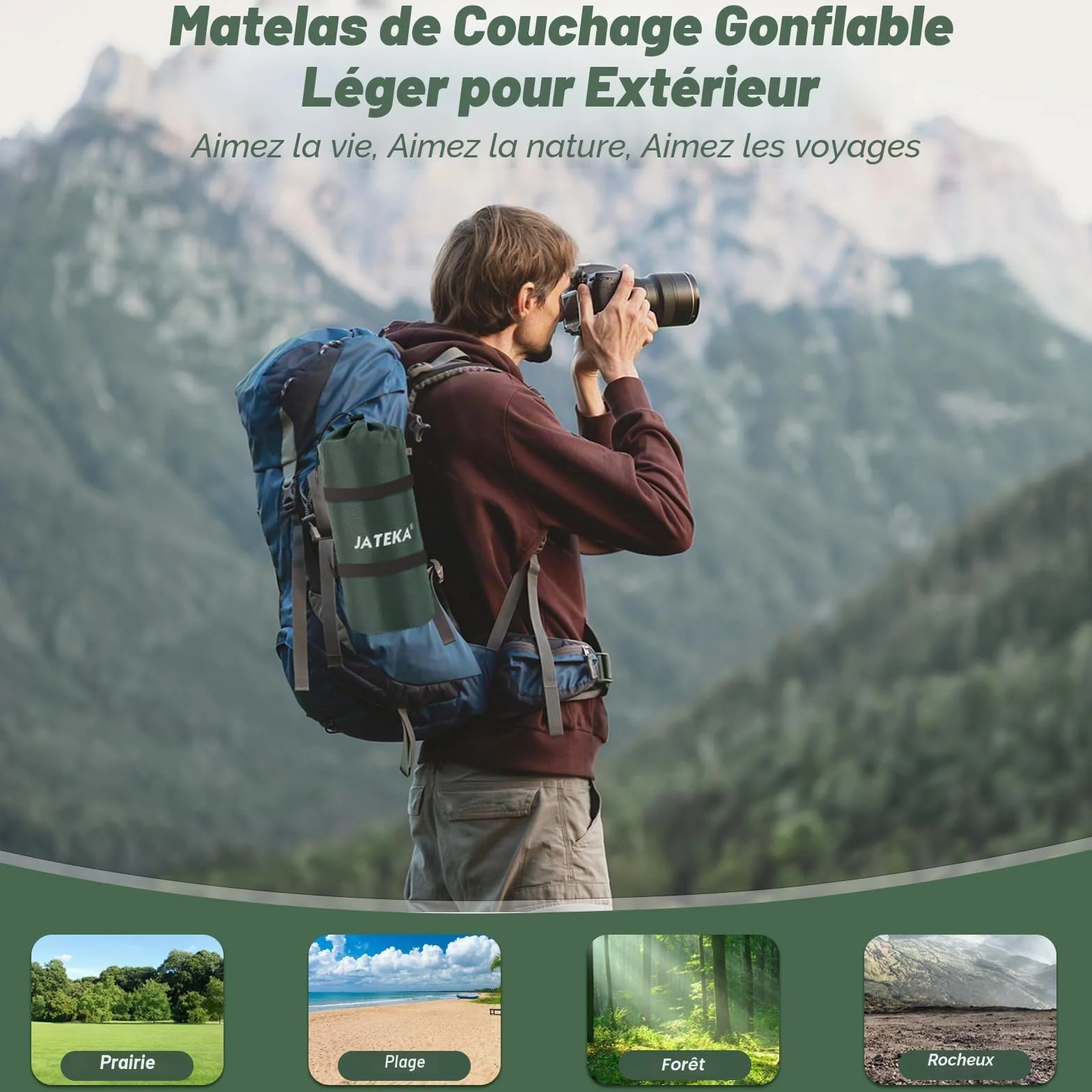 JATEKA Matelas Gonflable 1 Place Ultra Léger avec Pompe à Pied et Oreiller, Résistant à l'eau Portable Vert Militaire