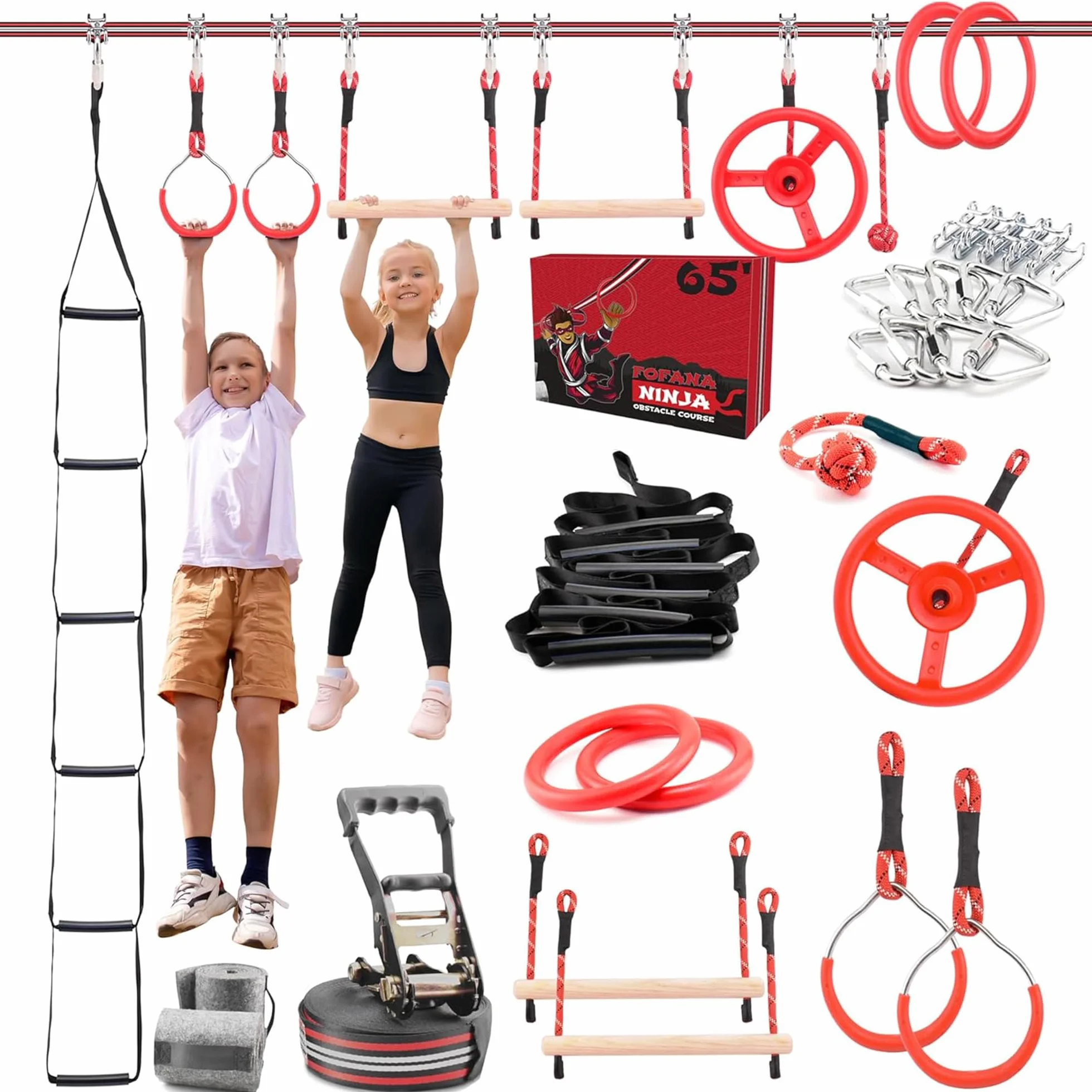 Ninja Line Kit Parcours Obstacles 32 Pièces Slackline 11m avec Anneaux Barres Poings de Singe Jeu Plein Air Ninja Warrior