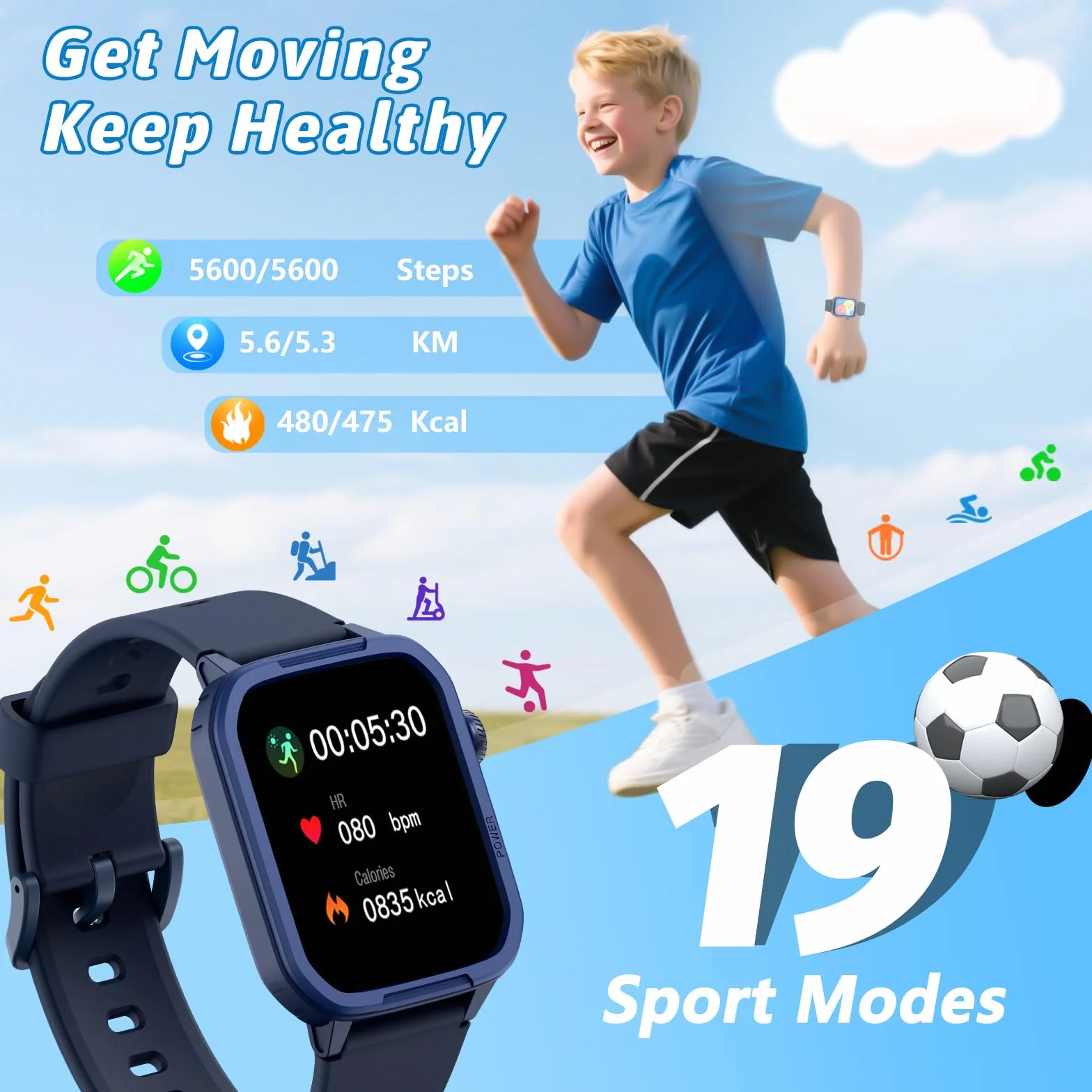 Montre connectée enfant 1.5" podomètre 19 modes entraînement fréquence cardiaque suivi sommeil étanche cadeau filles garçons 6-15 ans bleu