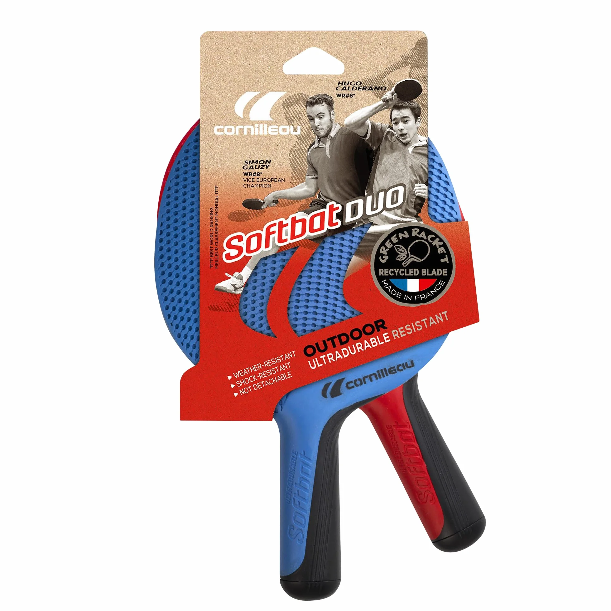 CORNILLEAU SOFTBAT Pack Duo 2 Raquettes de Ping Pong d'Extérieur Éco-conçues Bleu Rouge