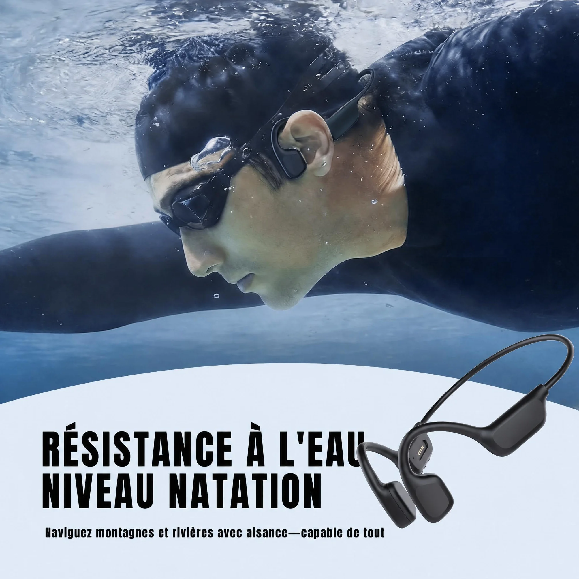 Écouteurs Natation Bluetooth 6.0 IPX8 Sans Fil MP3 32 Go Mémoire Intégrée 8 Heures Jeu Sportif Noir