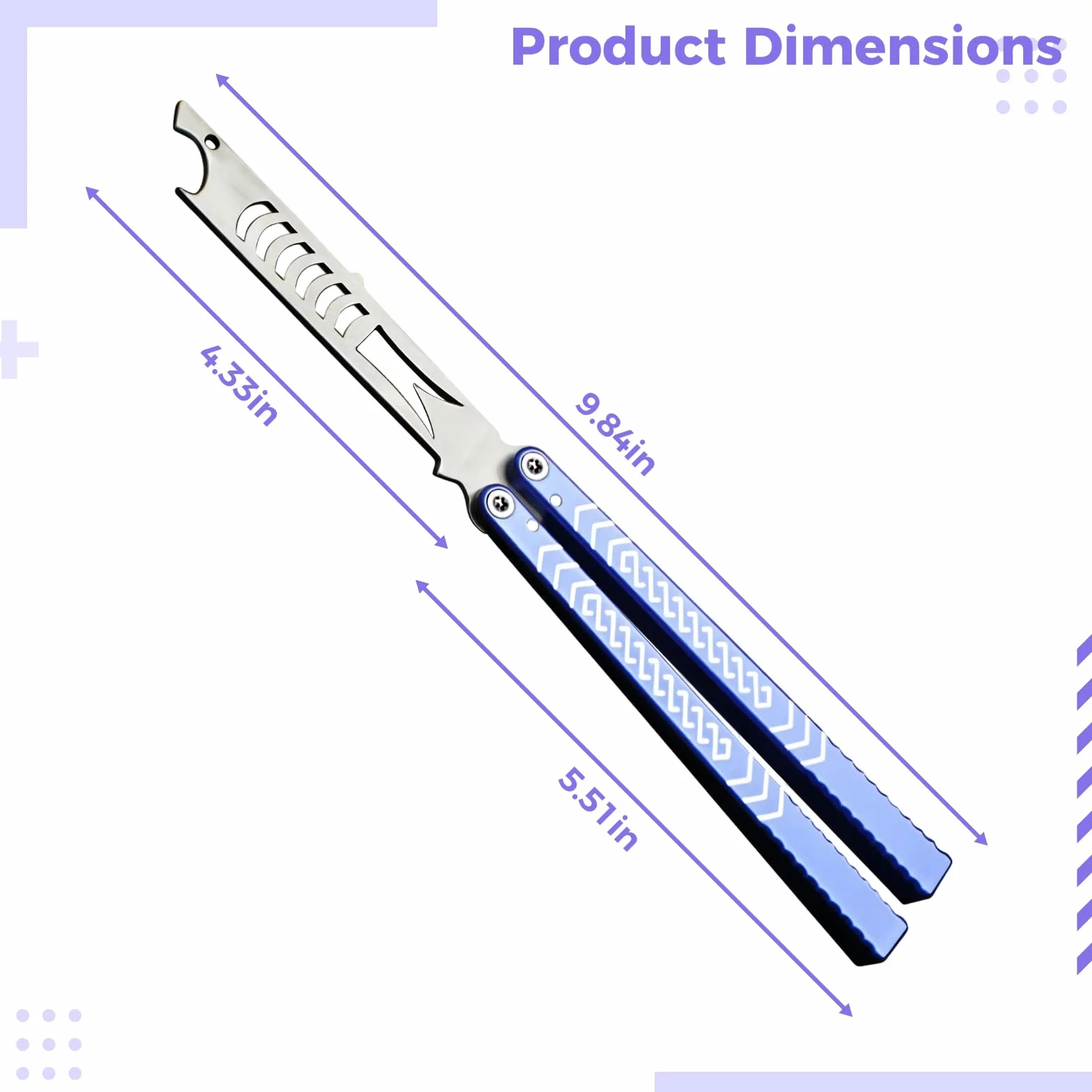 Balisong Trainer en aluminium 9,8 cm bords fins rotation 180° design pivotant une pièce
