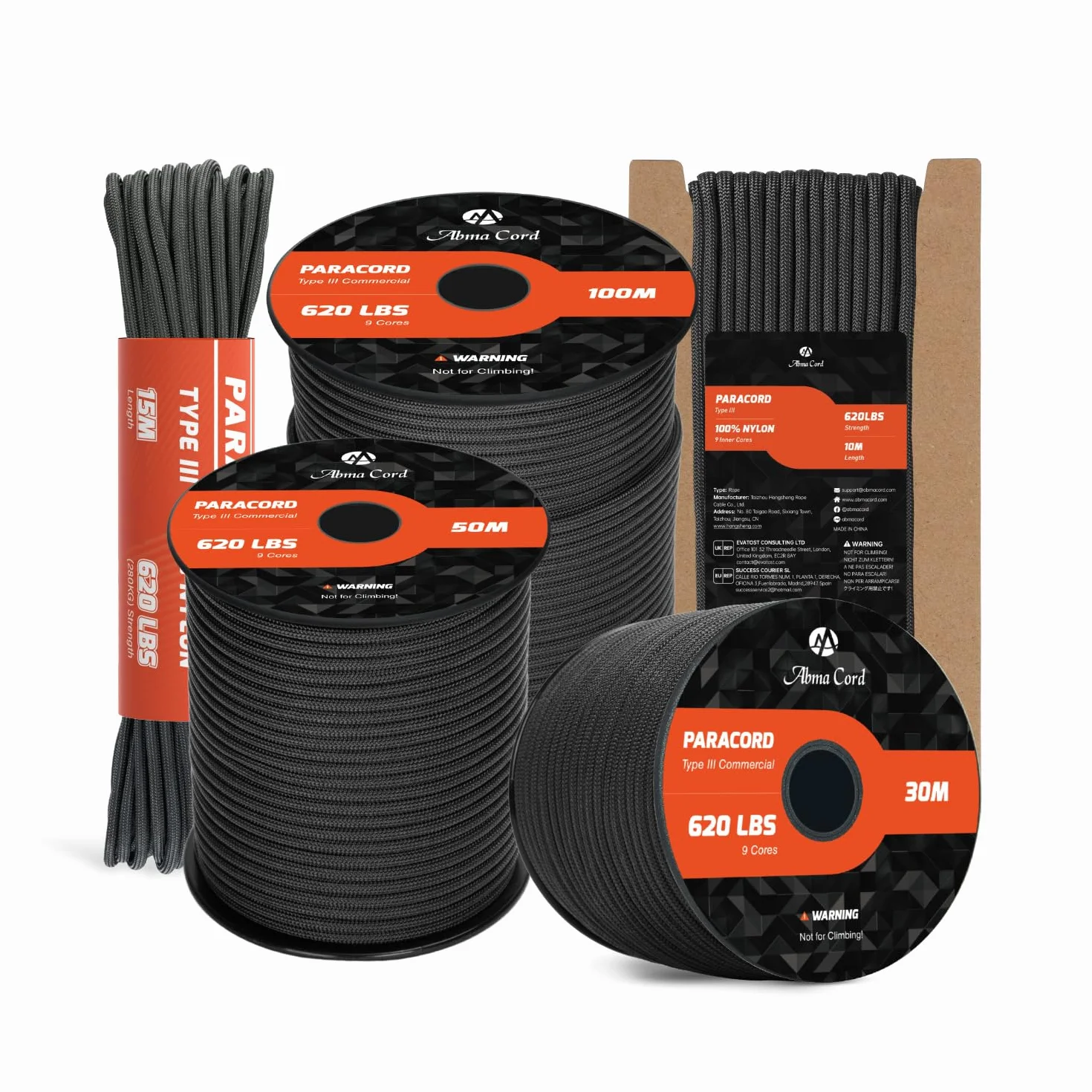 Corde Paracorde 4mm 9 Brins 10m Nylon Type 3 620lbs 280 kg Noir