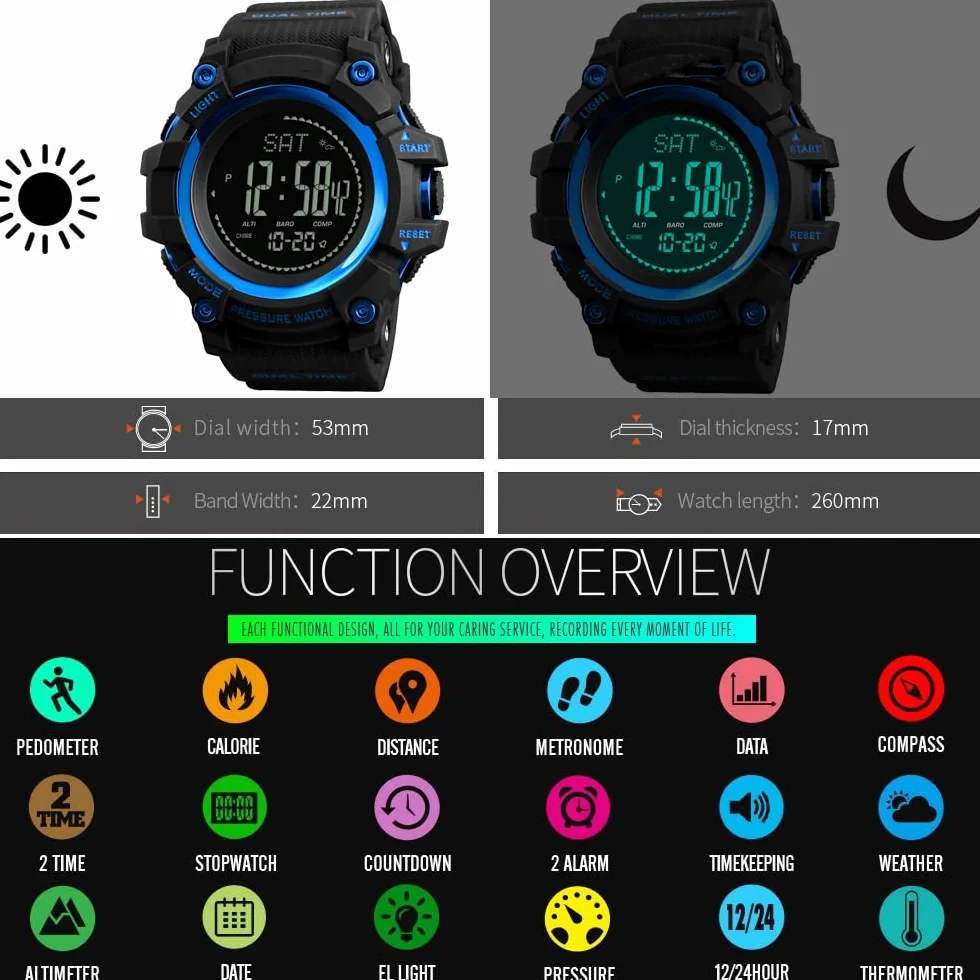 Montre Sport LED Plastique Caoutchouc Multifonctionnelle Boussole Podomètre Altimètre Baromètre Thermomètre