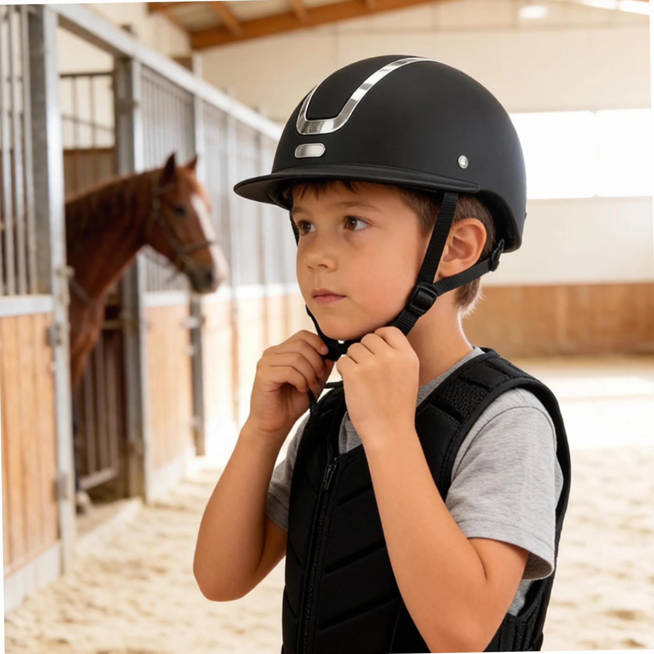 Casque d'équitation Enfants résistant aux Chocs Plein air Noir Mat ajustable 48-52cm