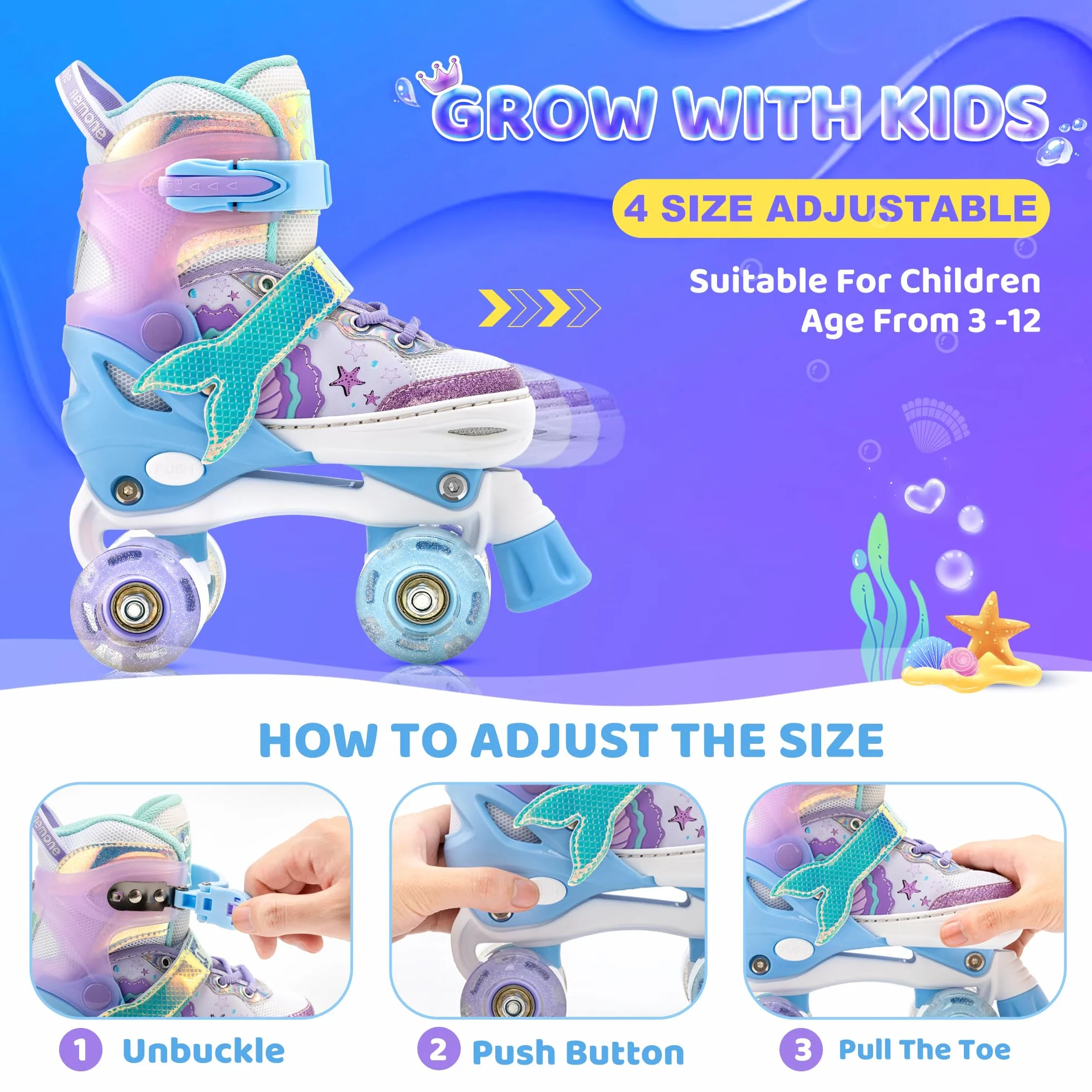 Nemone Sirènes Patins à roulettes Filles Réglable 4 Roues pour Enfants et Débutants Cadeau Noël Anniversaire