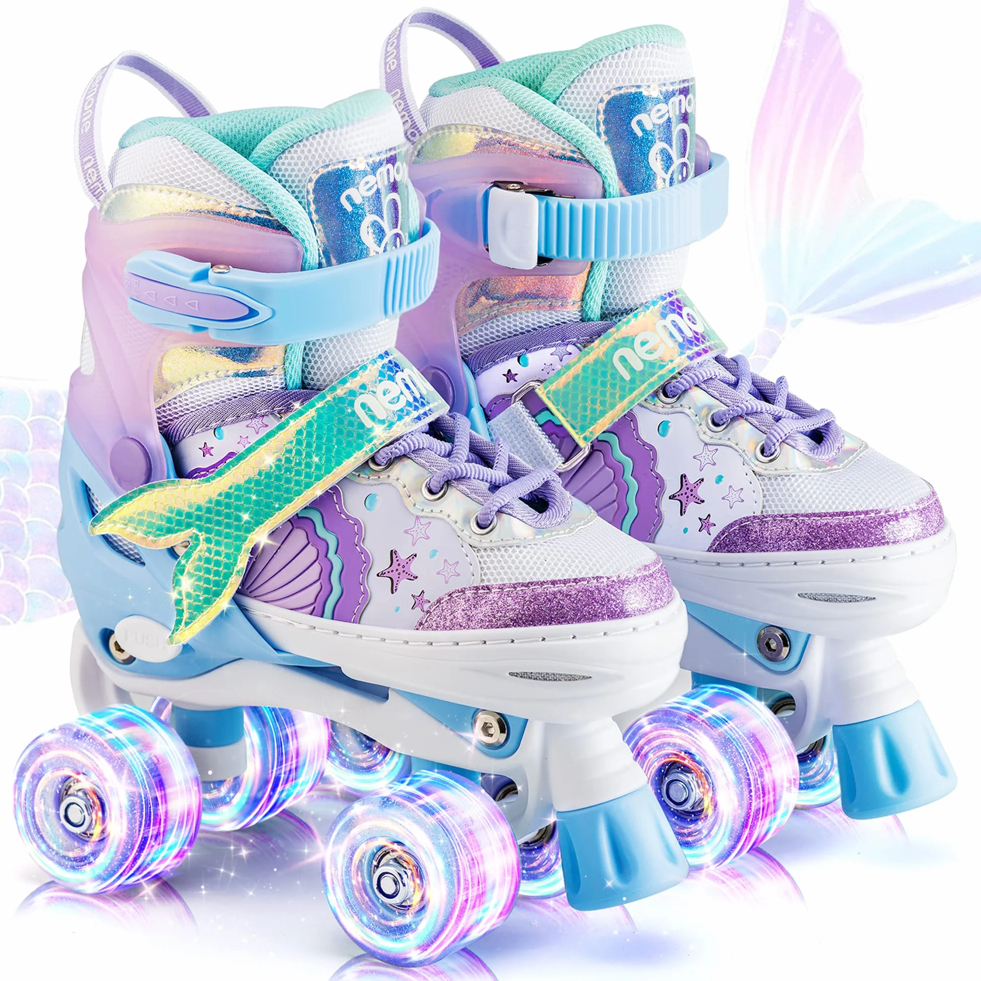 Nemone Sirènes Patins à roulettes Filles Réglable 4 Roues pour Enfants et Débutants Cadeau Noël Anniversaire
