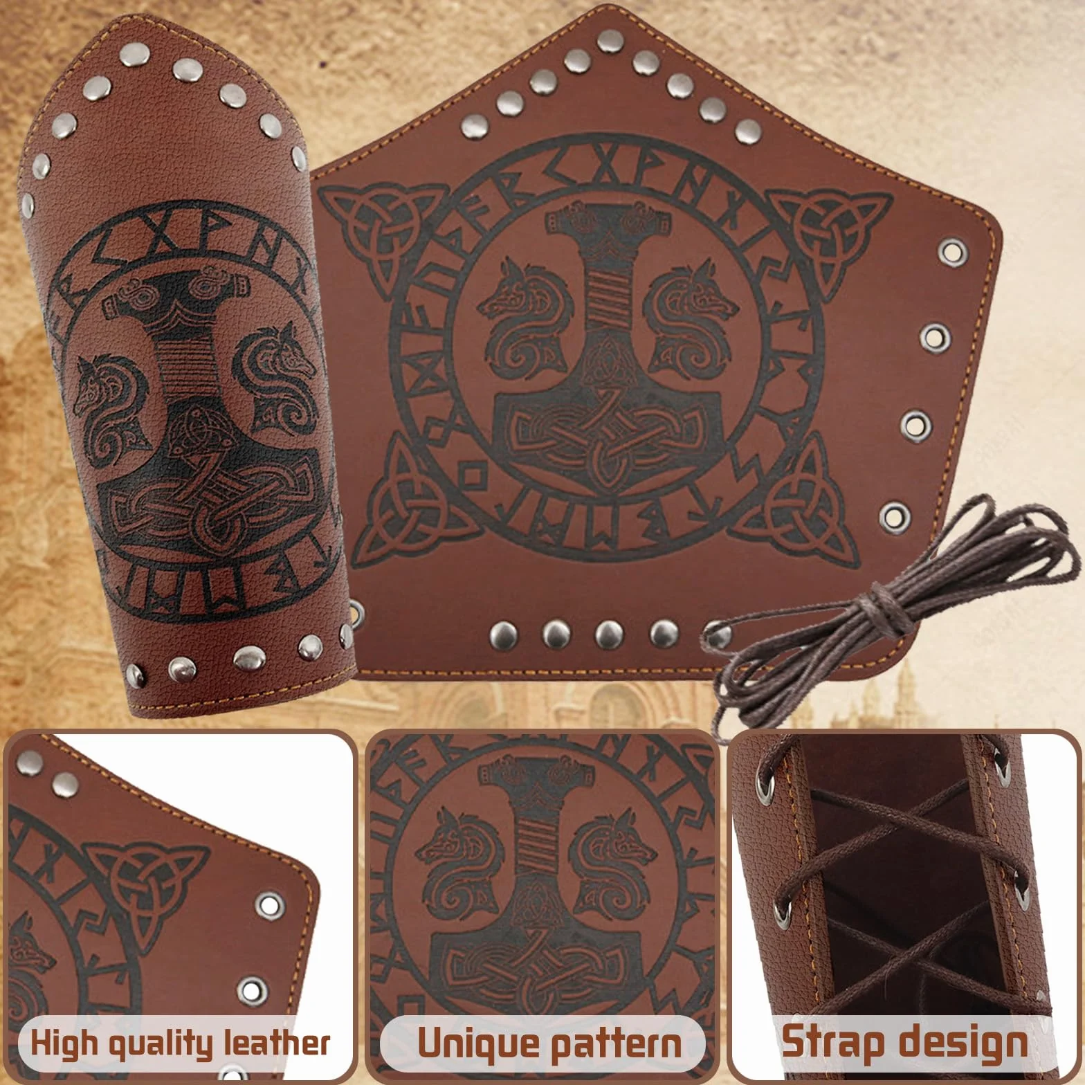 Brassards en Cuir Viking pour Adultes, Protège-bras Médiévaux en Cuir Synthétique Gaufré pour LARP Halloween