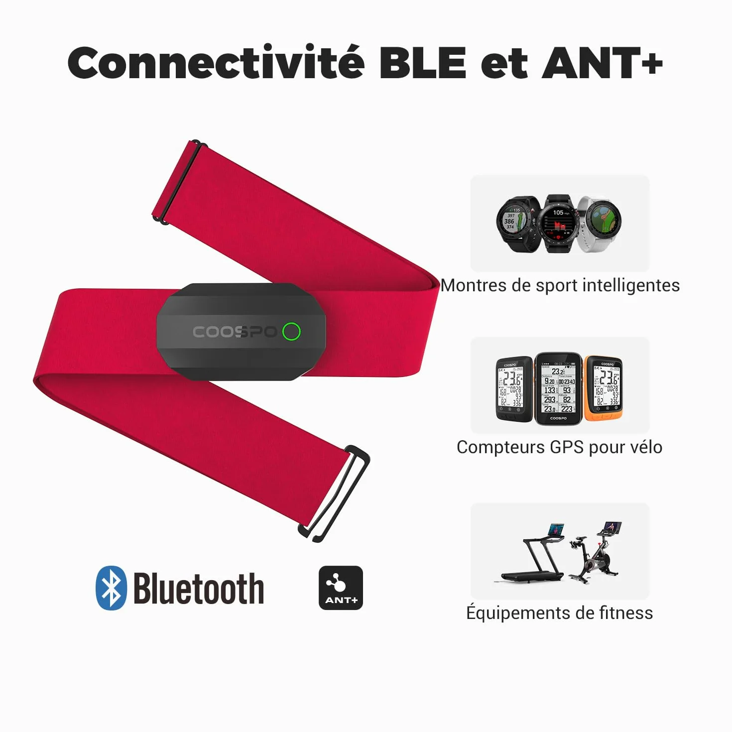 COOSPO H808S Capteur de Fréquence Cardiaque Bluetooth 5.0 Ant+ IP67 Étanche