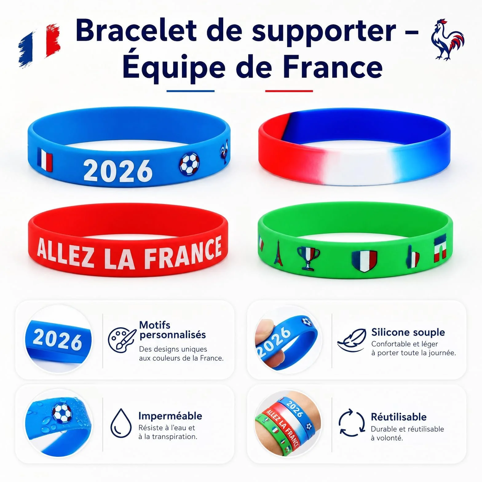 Bracelet Football Silicone Coupe du Monde 2026 Wristbands Motif Drapeau France