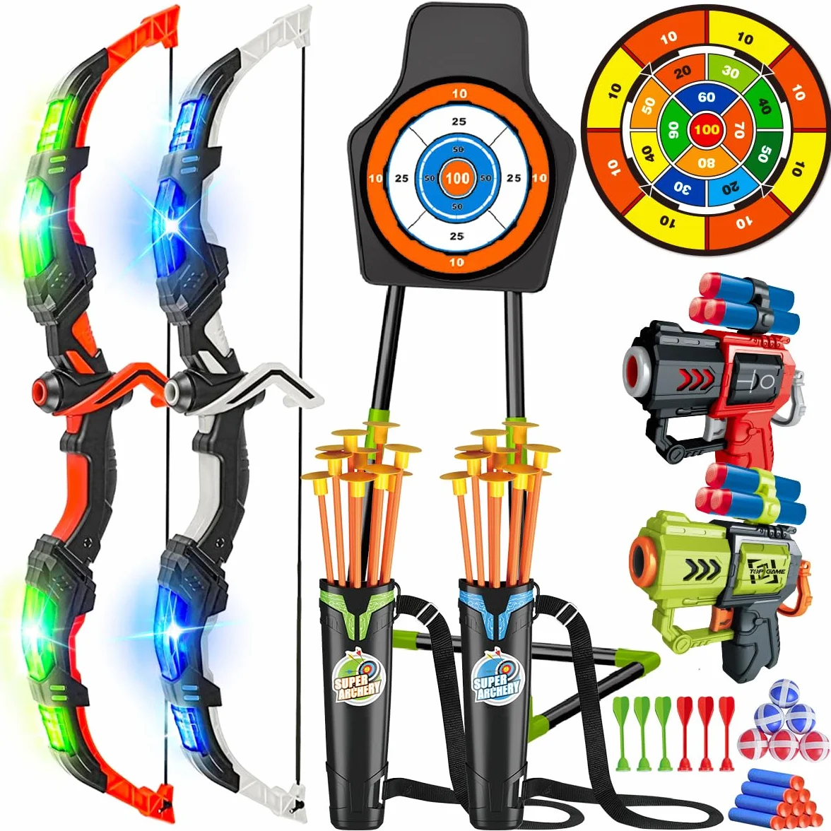 VATOS Arc et Flèche Jouet Tir à l'arc Lumineux avec Cible Debout & 29 in Dart Board pour 3-12 Ans Garçons Filles