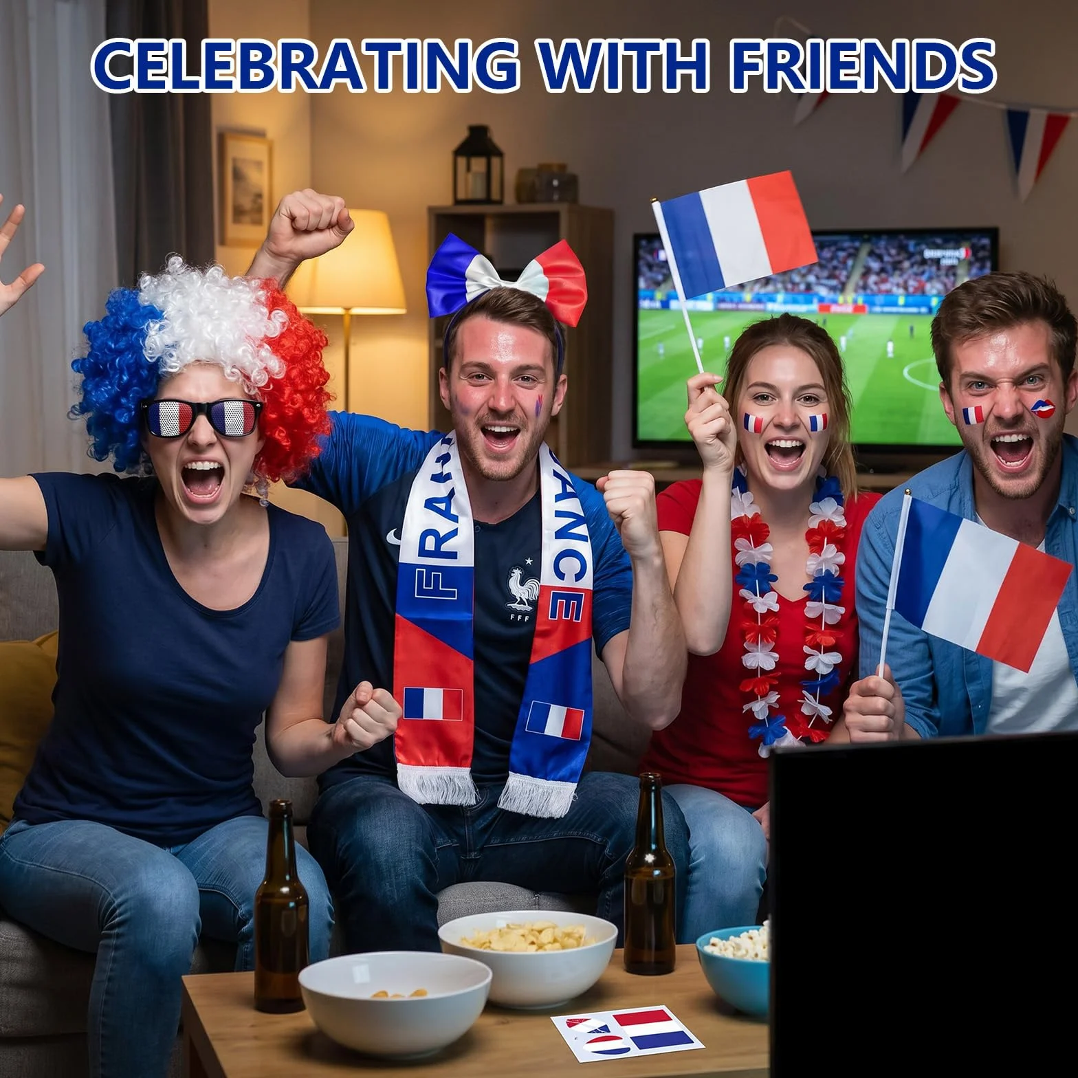 Kit Supporter France Coupe du Monde 2026 Football Accessoire Bandeau Écharpe Perruque Tatouages Temporaires Lunettes Collier de Fleurs Drapeau à Main