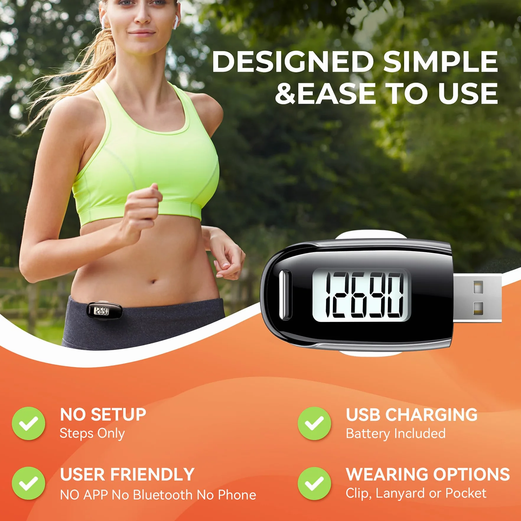 Podomètre 3D compteur de pas rechargeable USB avec clip sangle amovible rétroéclairage précis