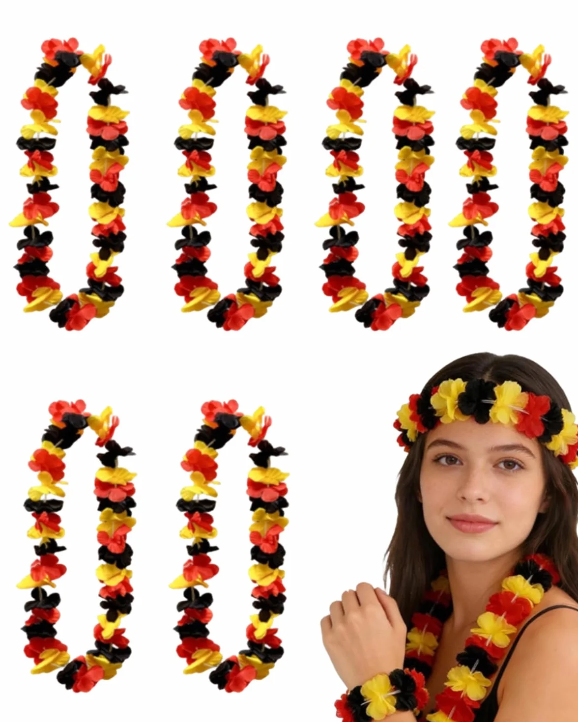 Colliers de Fleurs Allemagne 6 Pièces Leis Hawaïens Noir Rouge Or