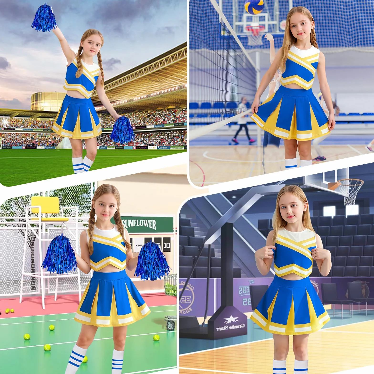 Luckyou Deguisement Cheerleader Uniforme avec Perruques Brillant Pompoms et Nœud pour Carnaval Halloween