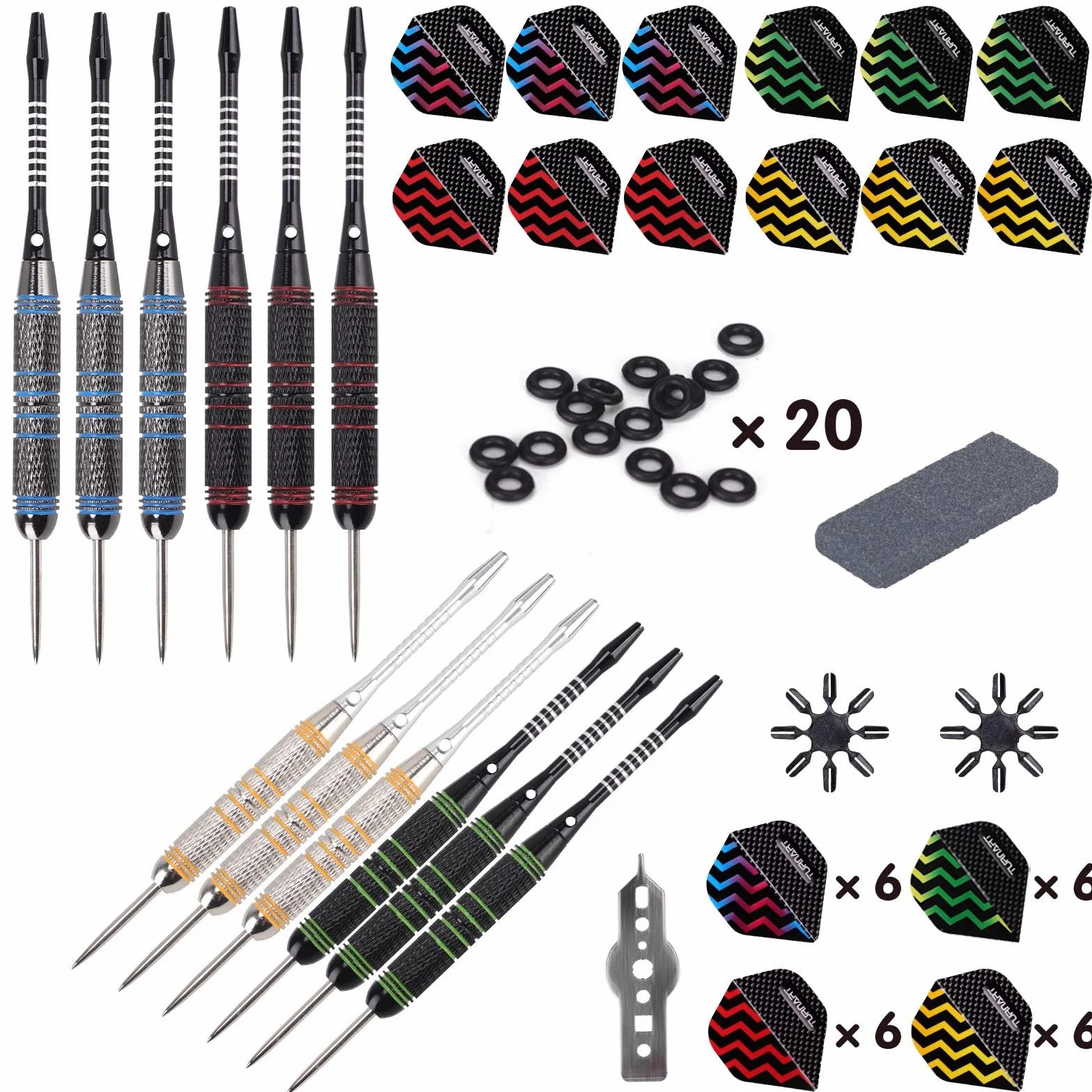 Turnart Fléchettes Pointe Acier 24g 12 pcs avec 20 Anneaux en Caoutchouc