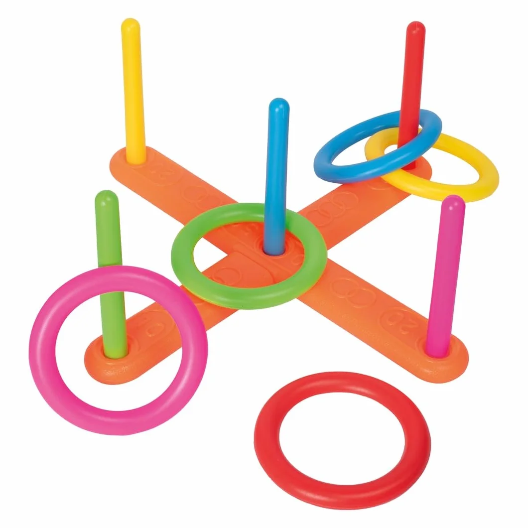 P'TIT CLOWN Jeu de Lancer d’Anneaux Enfant - Jeu d’Extérieur d’Adresse et de Précision - 5 Anneaux, 5 Piquets, Support à Assembler - Plastique