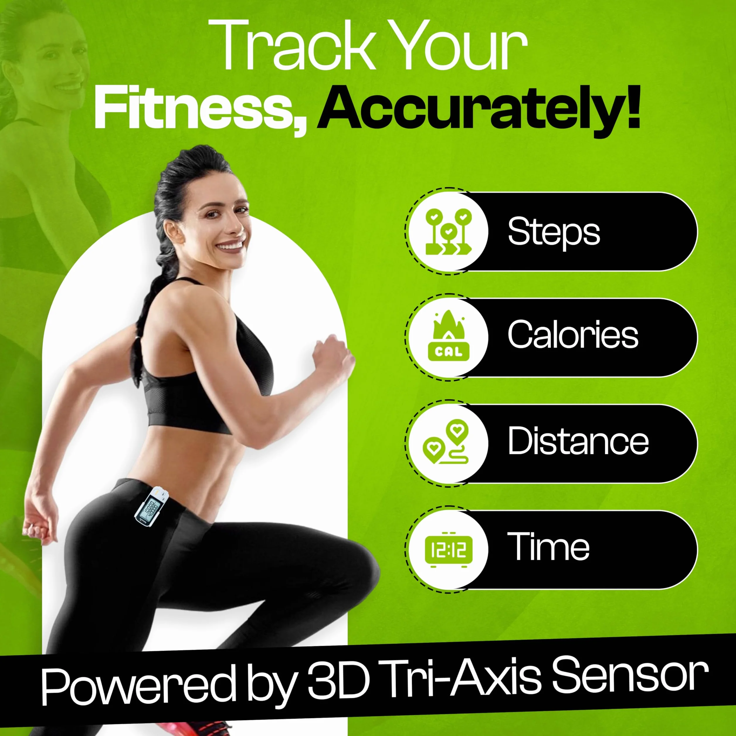 Podomètre Marche 3D avec Sangle et Clip, Compteur de Pas de Précision, Distance, Calories, Mémoire 30 Jours