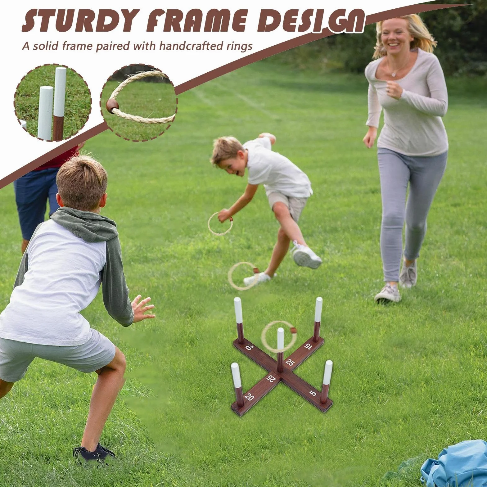 Jeu de Lancer d'anneaux en Bois avec Corde, 40,6 cm, Jeu de Jardin Quoits Portable avec Sac de Rangement